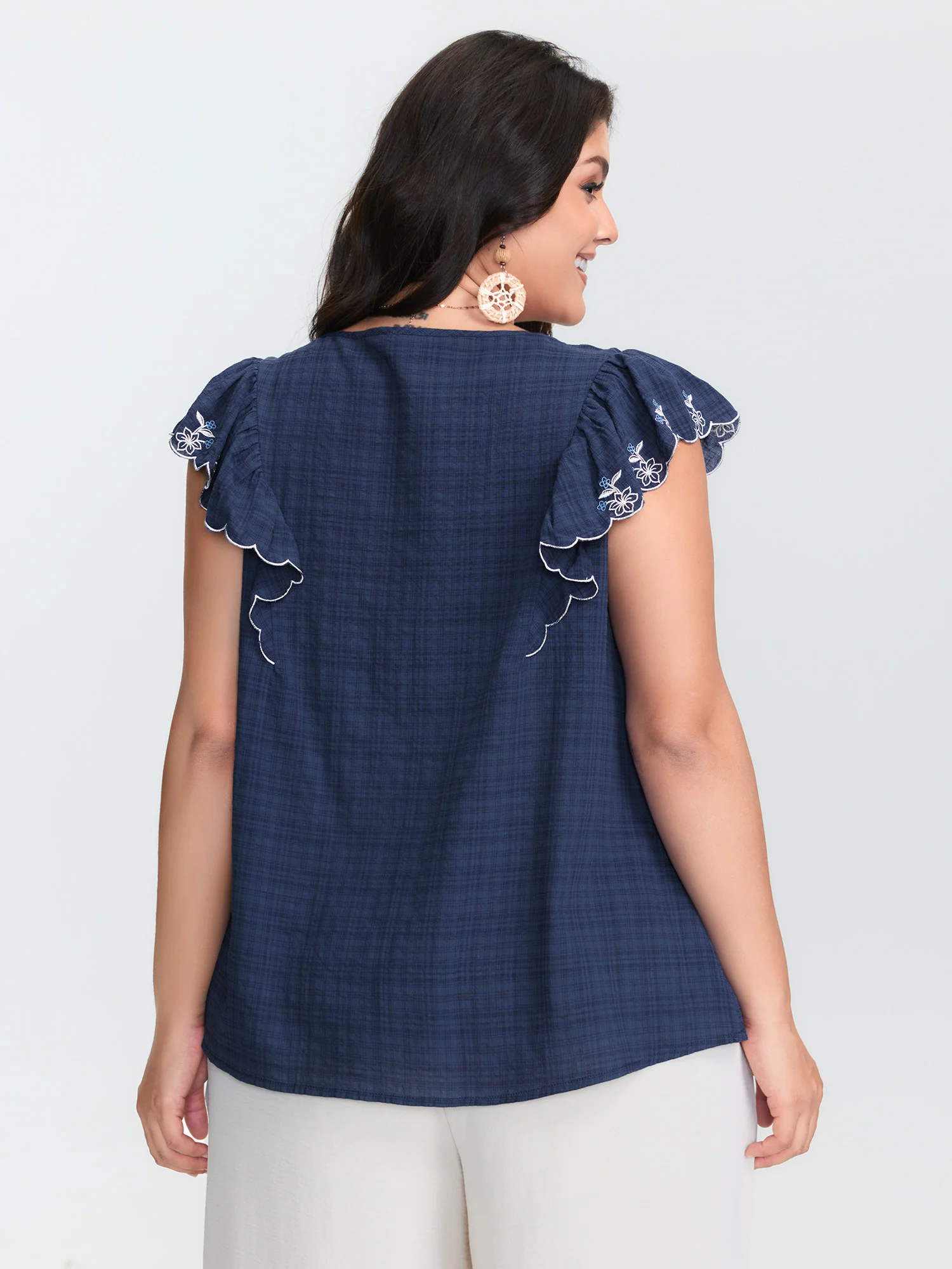 Embroidered Neckline Ruffled Sleeve Blouse - Image 4