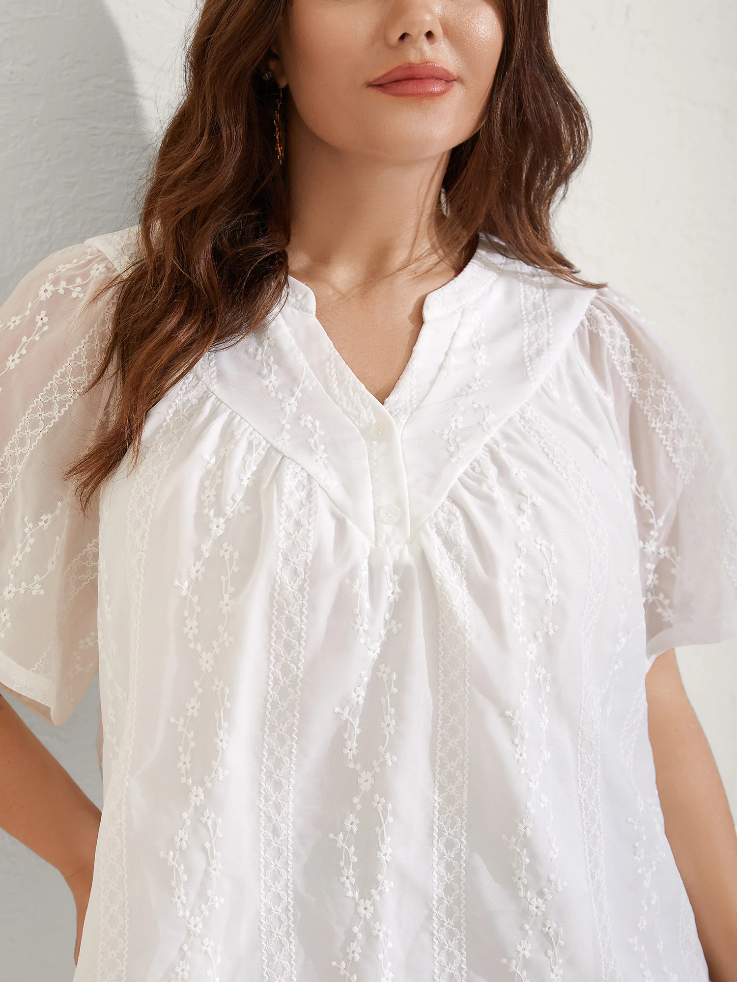 Embroidered Notched Collar Sheer Blouse - Image 2