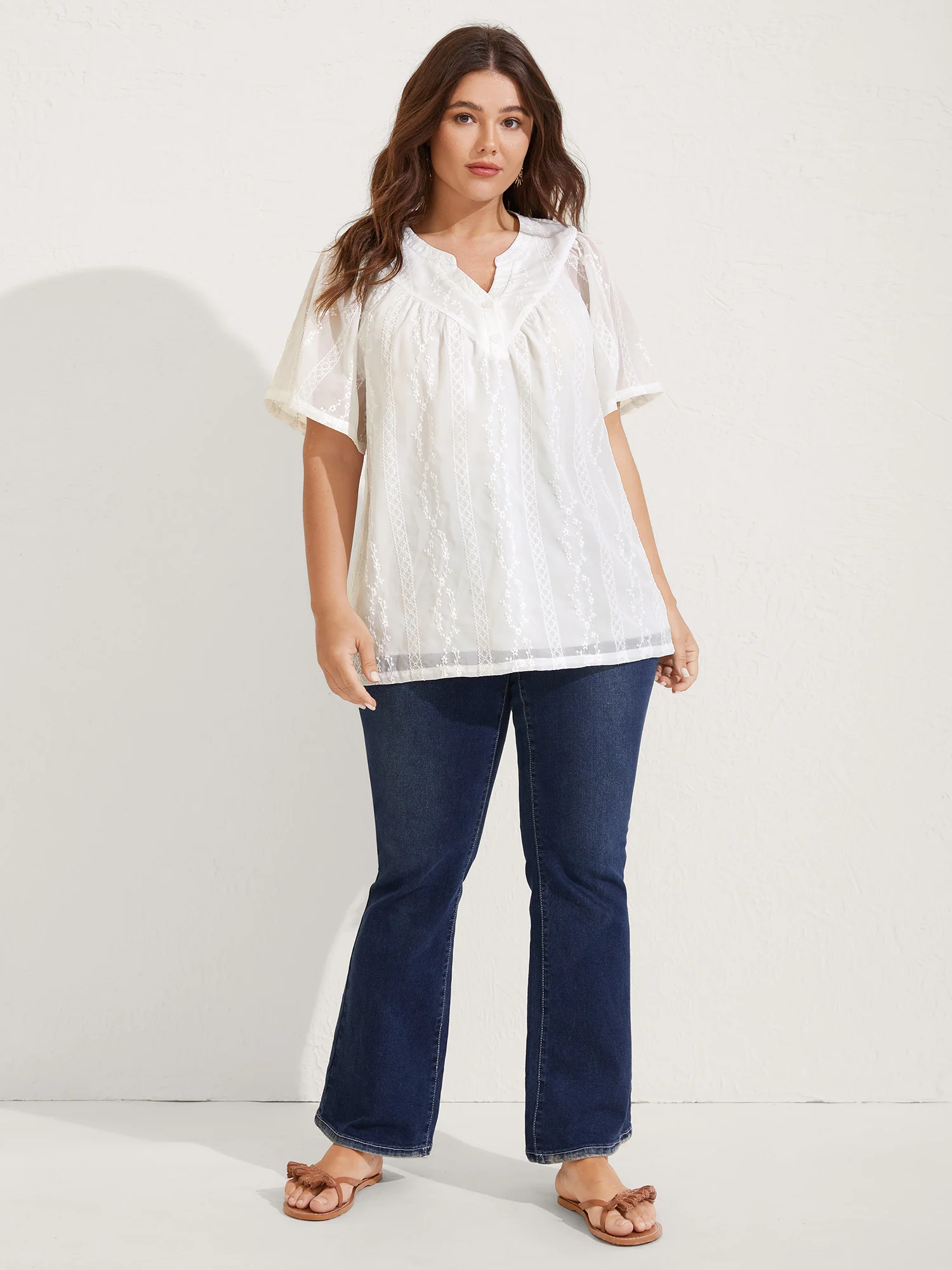 Embroidered Notched Collar Sheer Blouse - Image 3