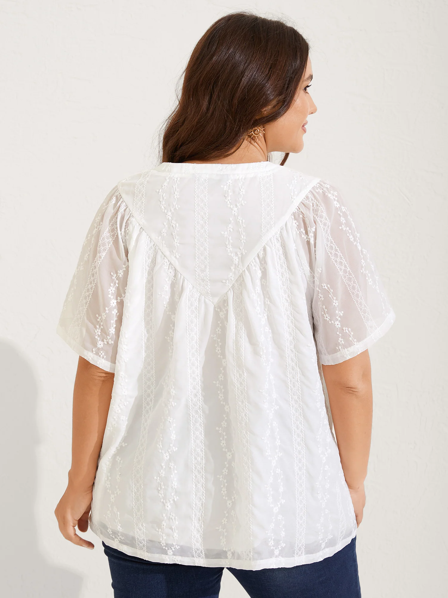 Embroidered Notched Collar Sheer Blouse - Image 4