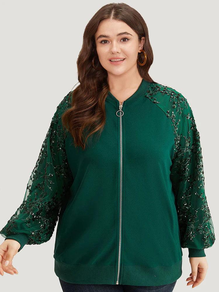 Embroidered Patchwork Mesh Zipper Jacket - Image 2
