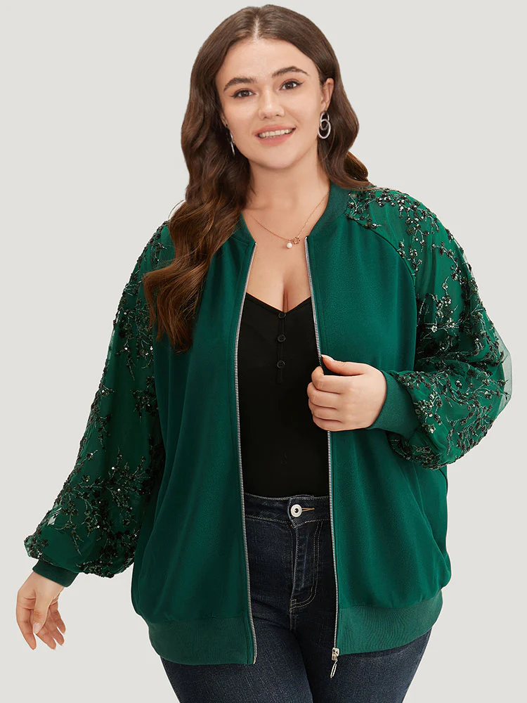 Embroidered Patchwork Mesh Zipper Jacket - Image 3
