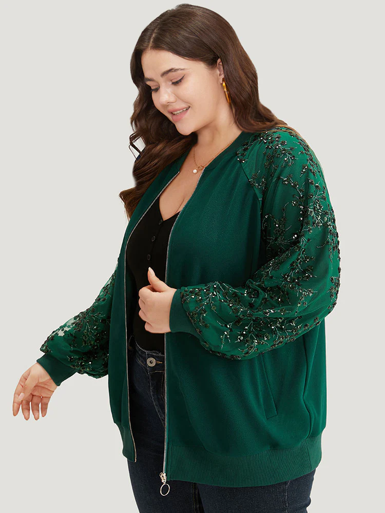 Embroidered Patchwork Mesh Zipper Jacket - Image 4