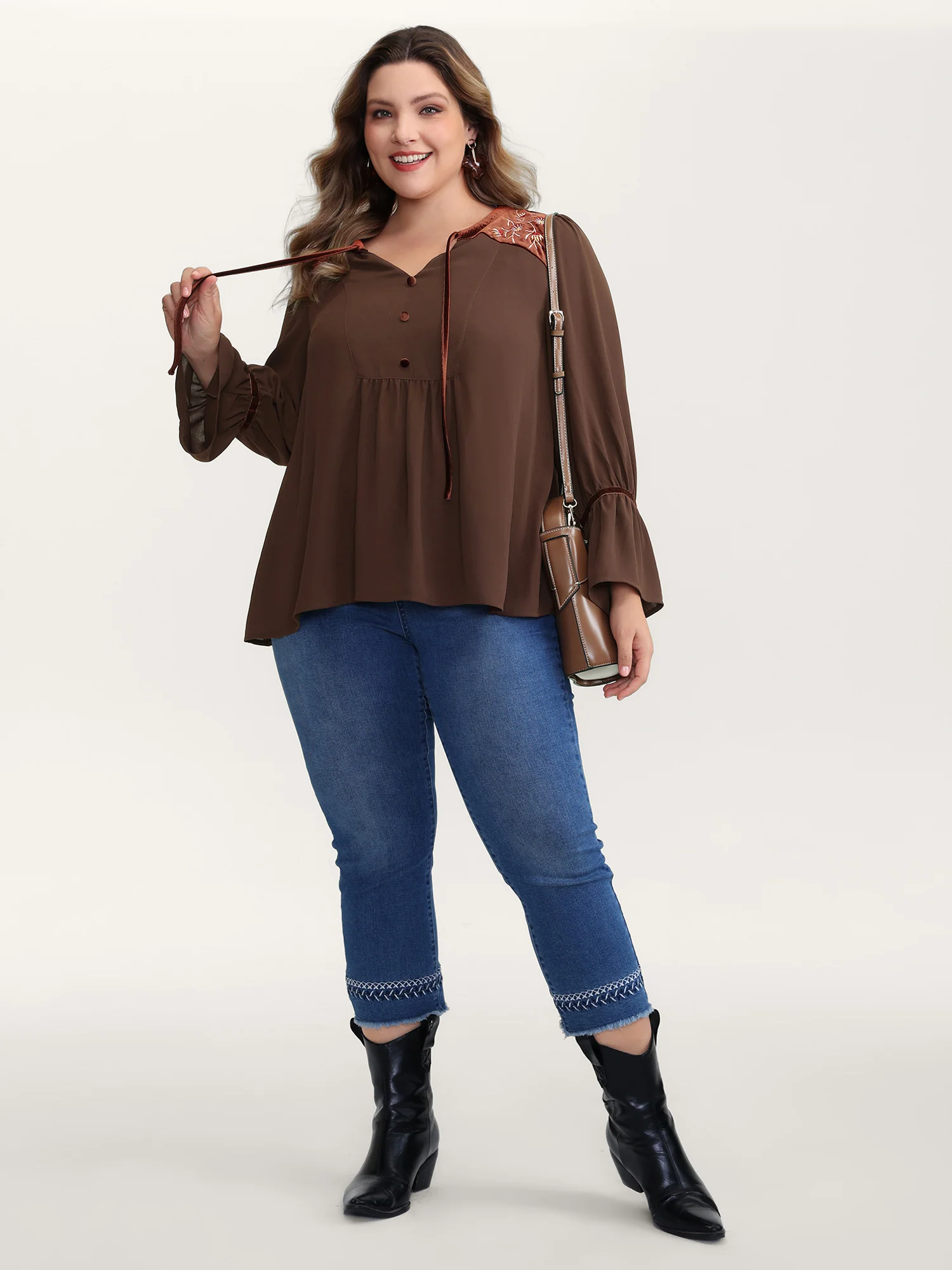Embroidered Pleated Ruffled Sleeve Blouse - Image 3