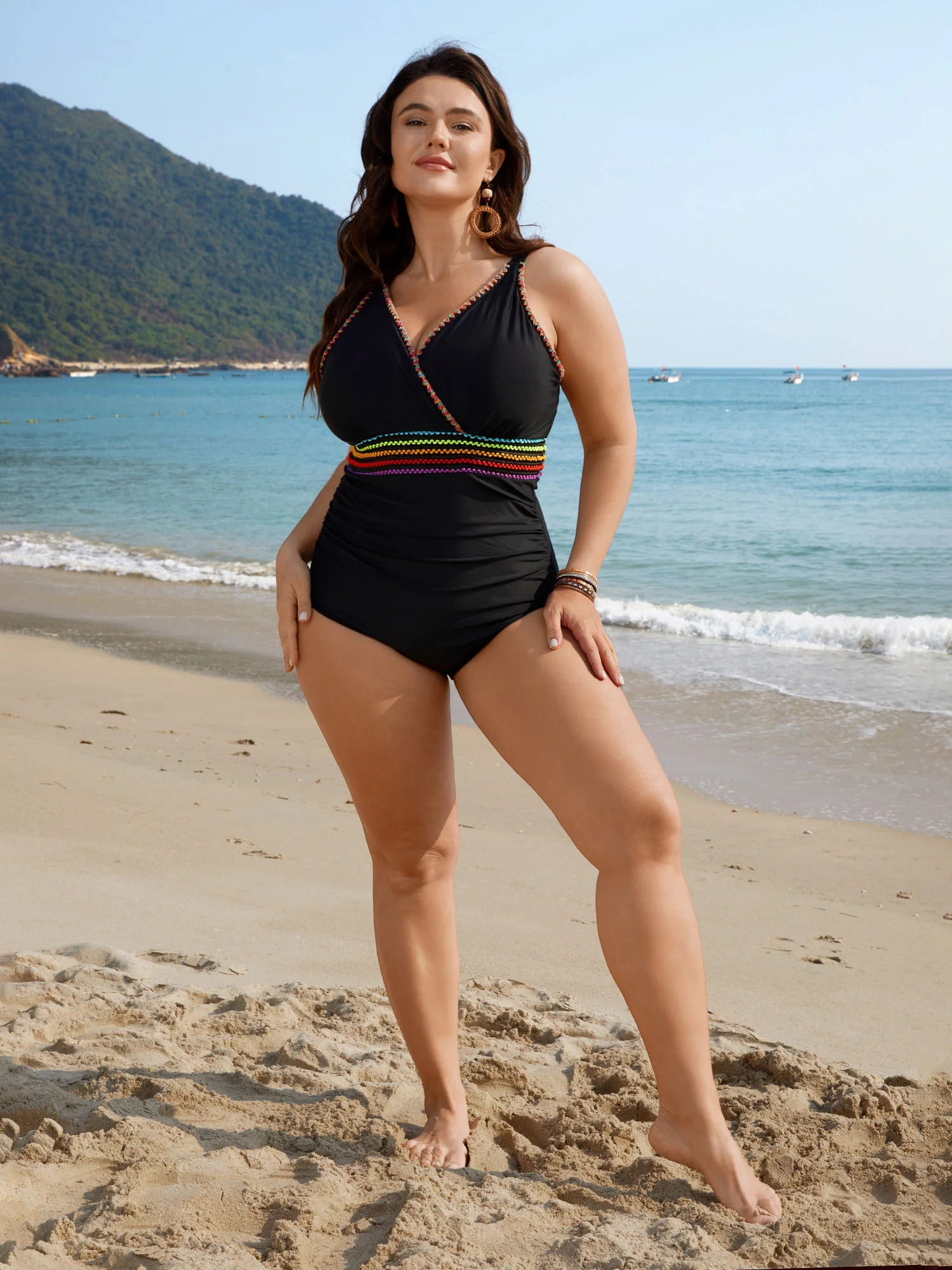 Embroidered Pleated Webbed One-Piece Swimsuit - Image 4