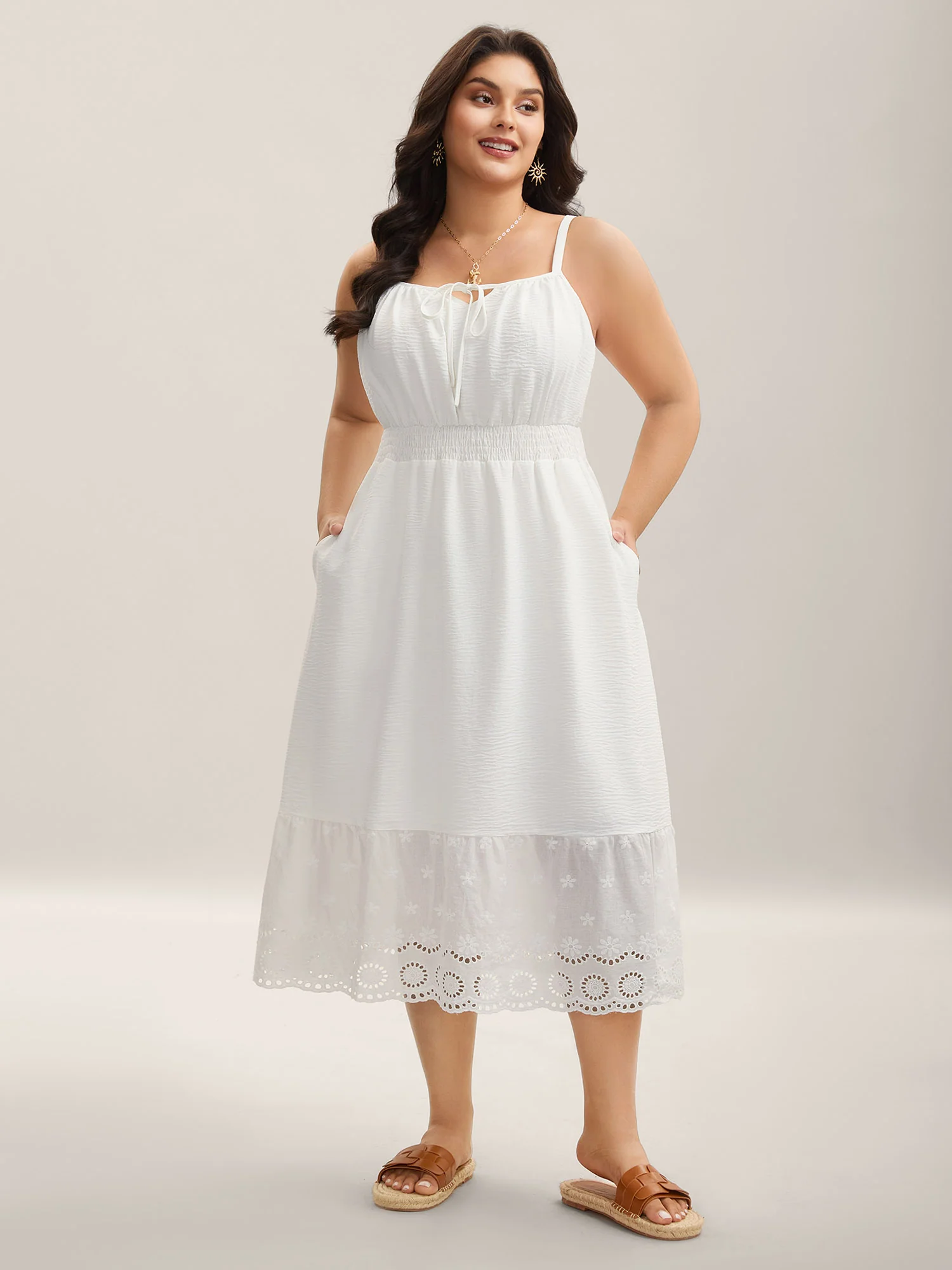 Embroidered Shirred Waist Adjustable Midi Dress - Image 3
