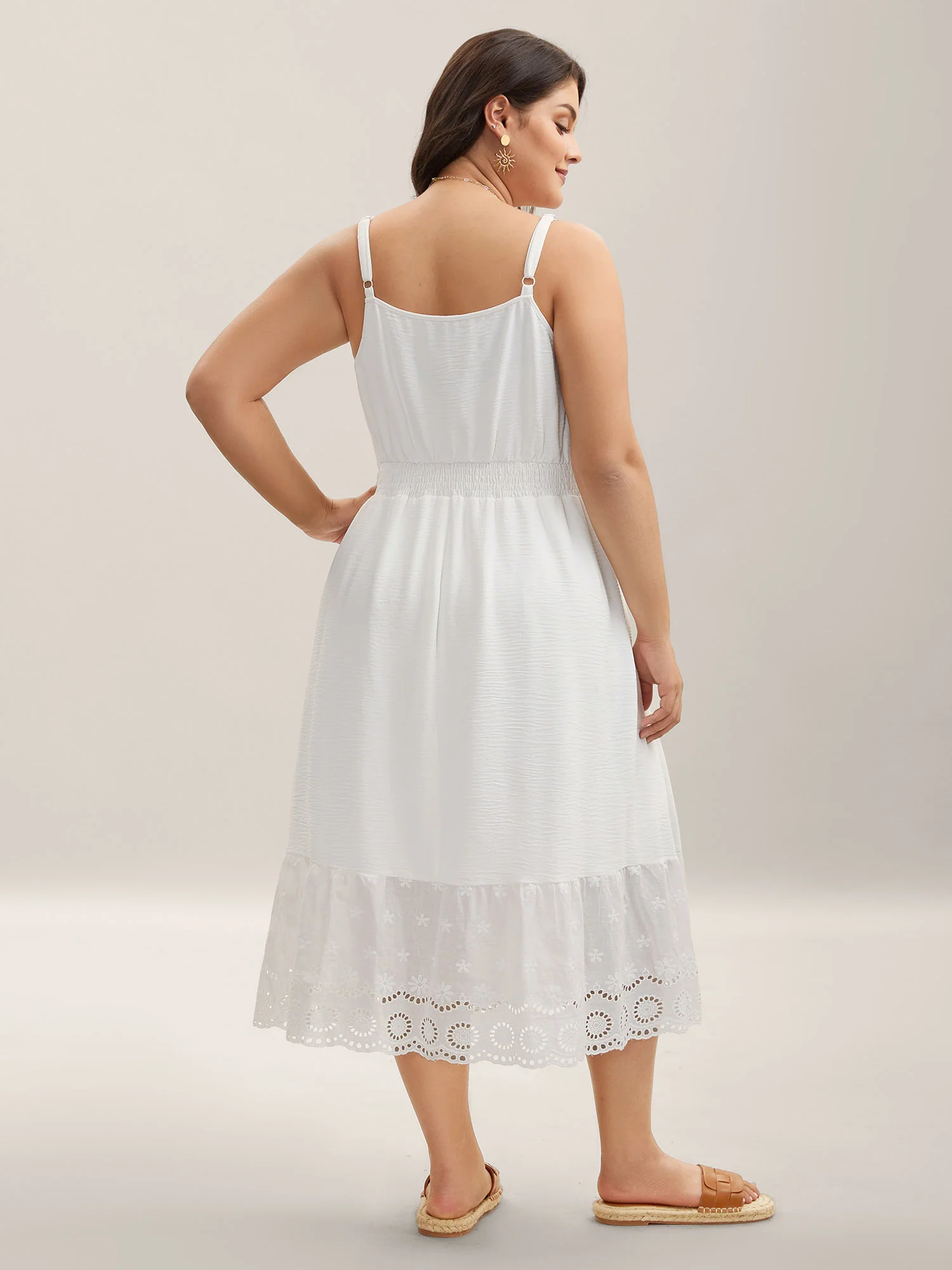 Embroidered Shirred Waist Adjustable Midi Dress - Image 4