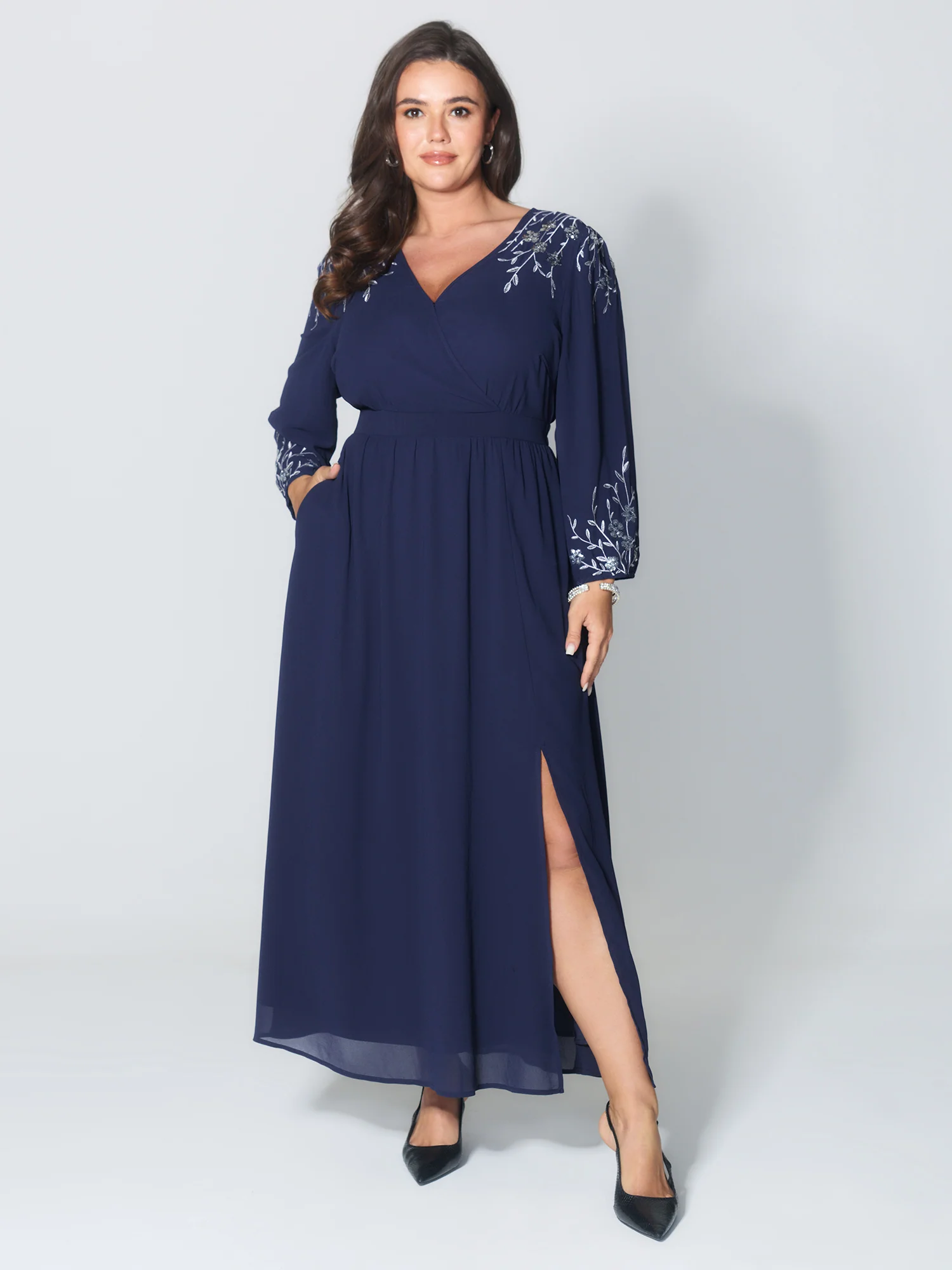 Embroidered Side Slit V-Neck Maxi Dress - Image 2