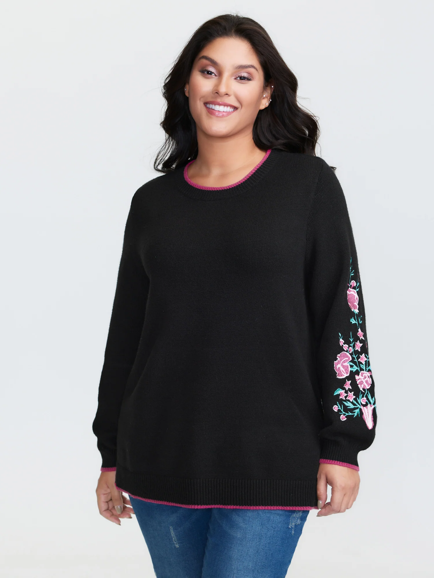 Embroidered Sleeve Contrast Trim Pullover - Image 2
