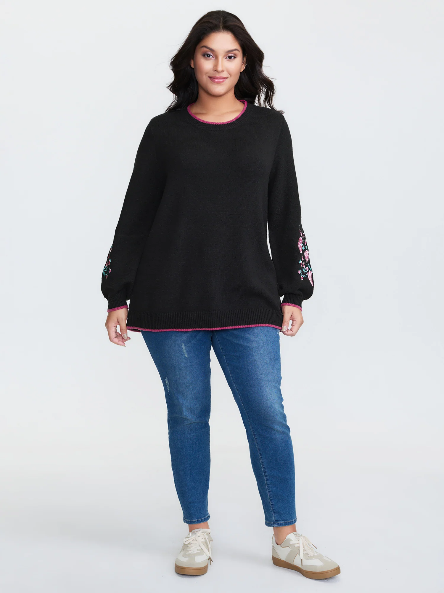 Embroidered Sleeve Contrast Trim Pullover - Image 3