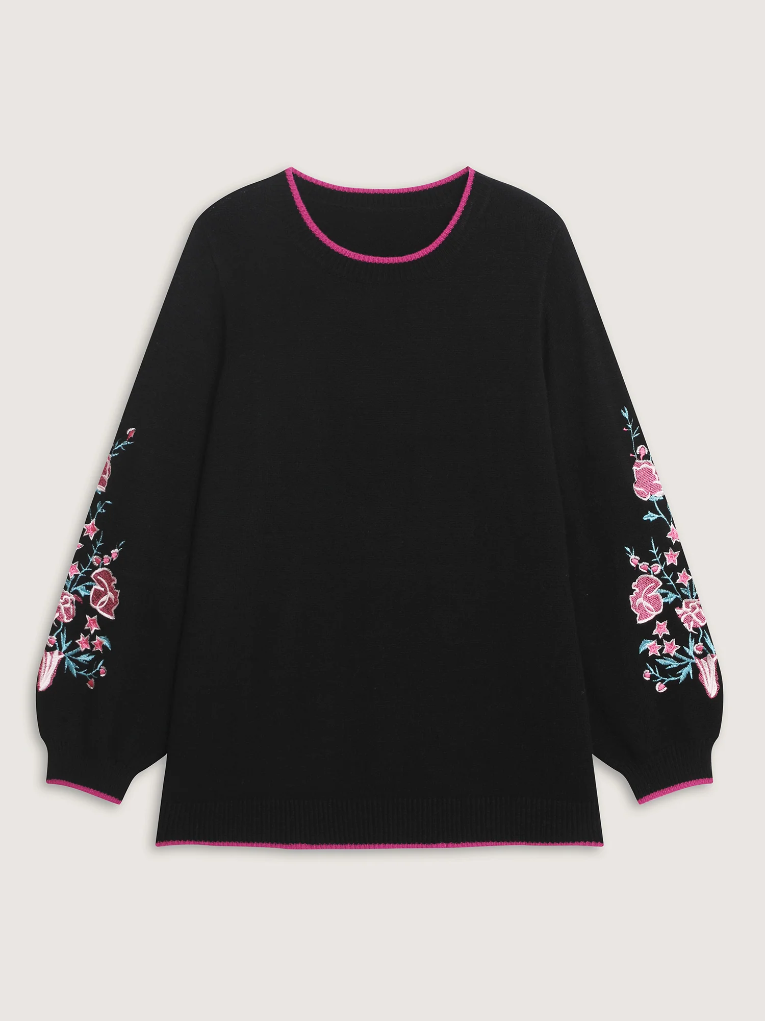 Embroidered Sleeve Contrast Trim Pullover - Image 7