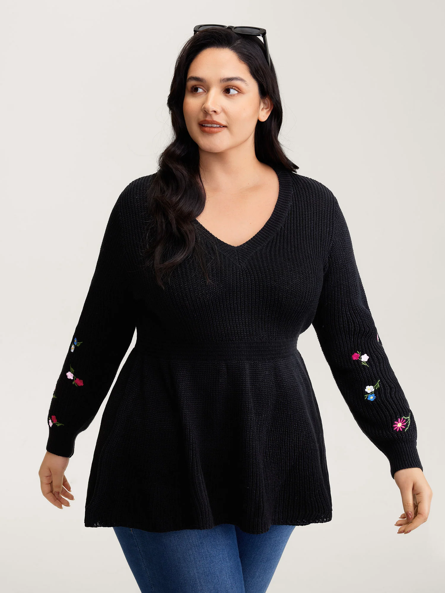 Embroidered Sleeve Stretchy Cinched-Waist Pullover - Image 2