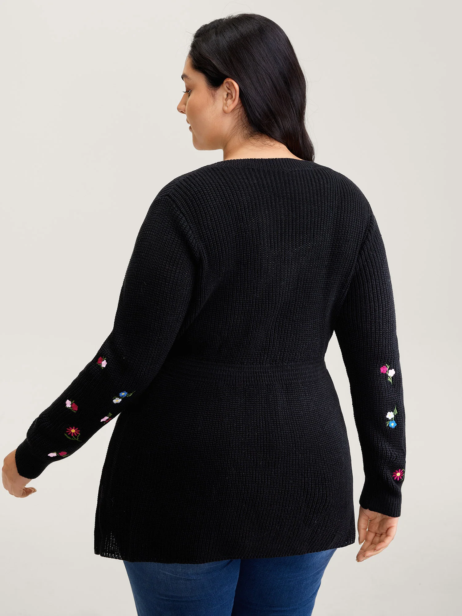 Embroidered Sleeve Stretchy Cinched-Waist Pullover - Image 4