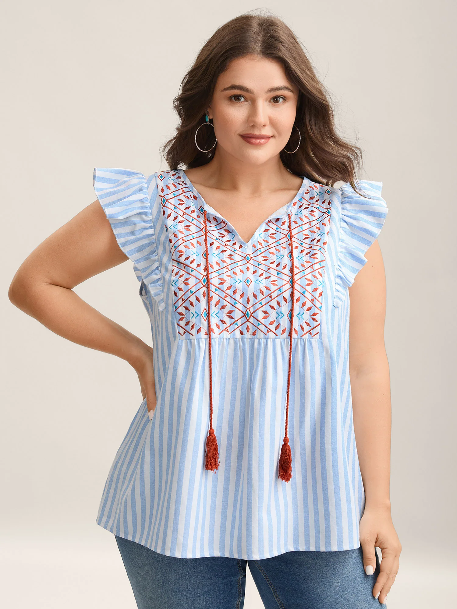 Embroidered Stripe Neck Tie Blouse