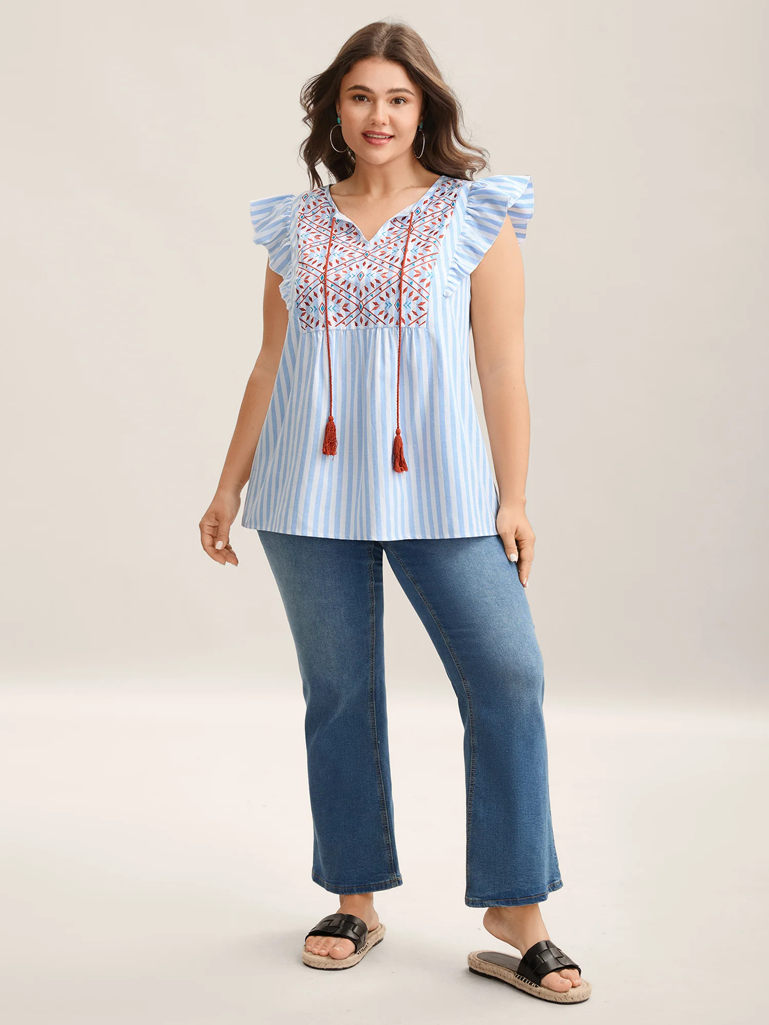 Embroidered Stripe Neck Tie Blouse - Image 3