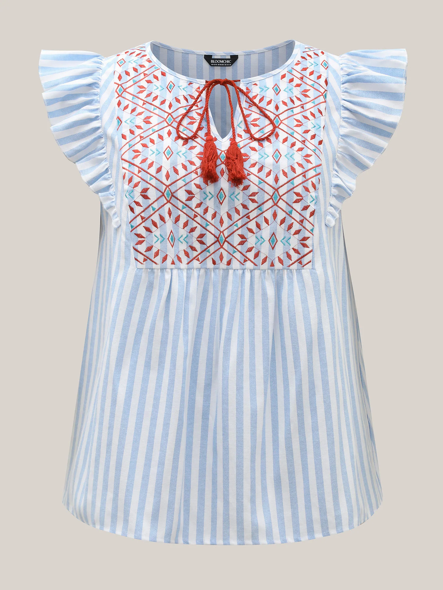 Embroidered Stripe Neck Tie Blouse - Image 7