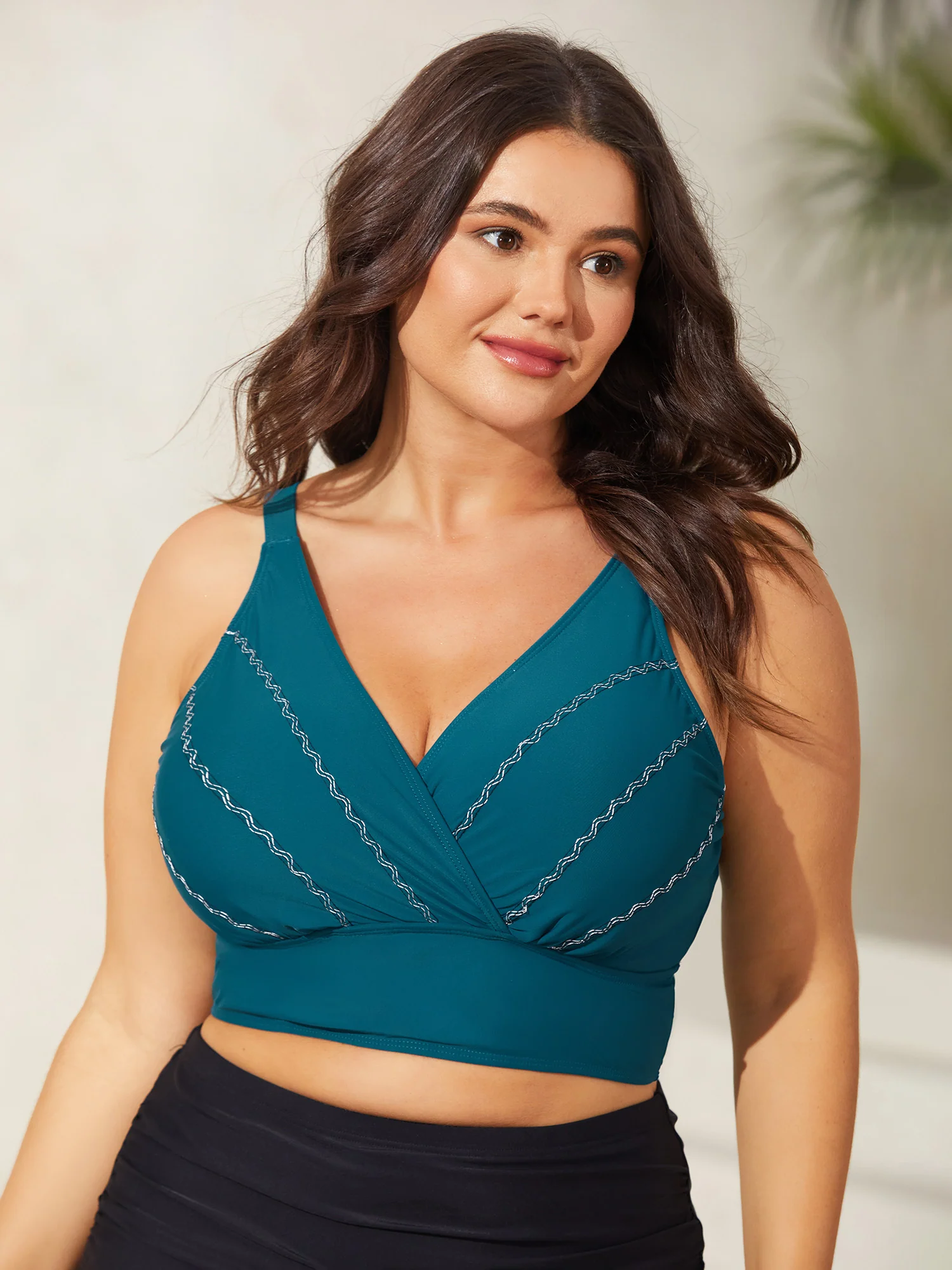 Embroidered Surplice Neck Adjustable Swim Top - Image 8
