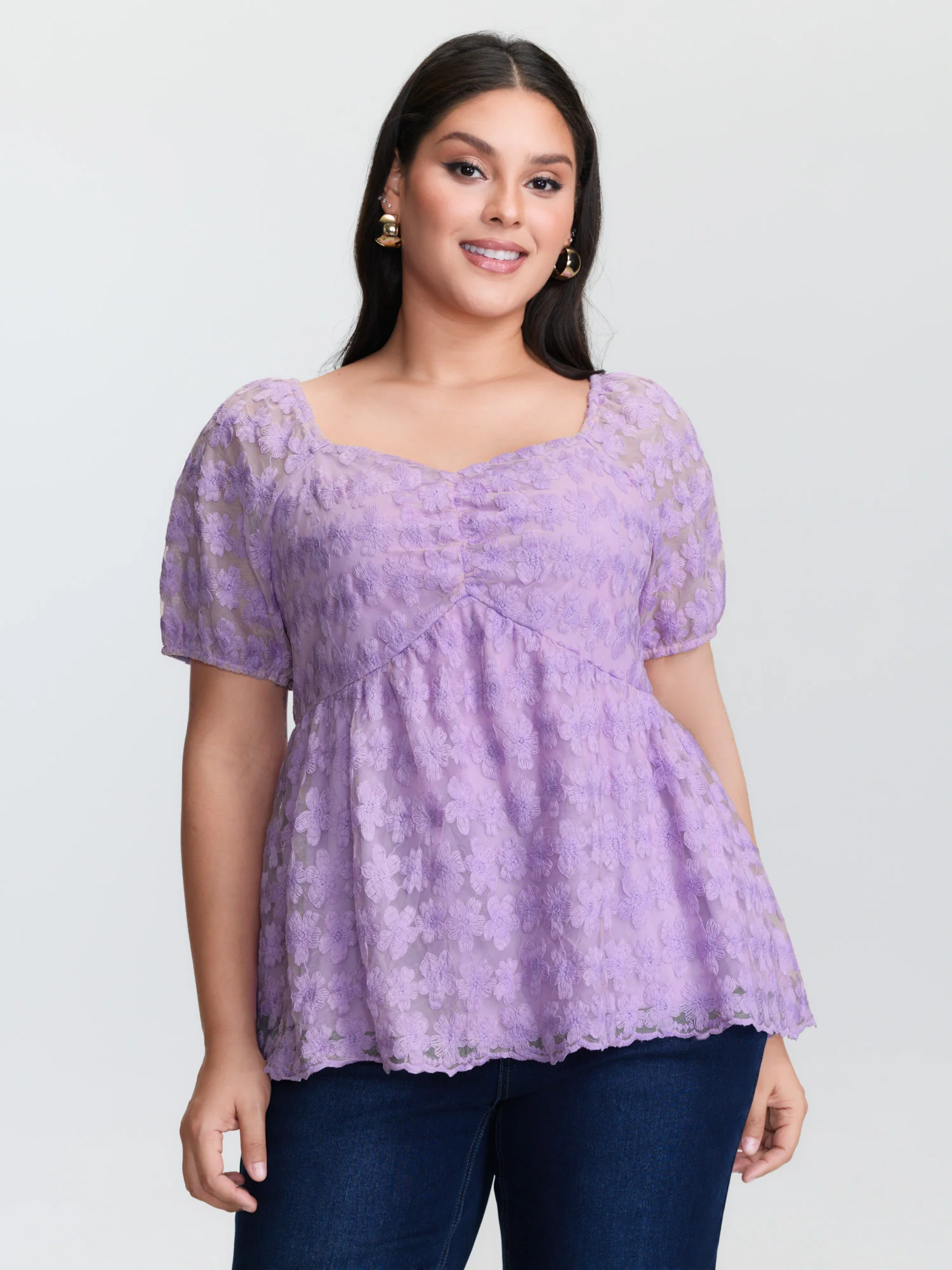 Cotton Embroidered Sweetheart Neckline Flared Blouse