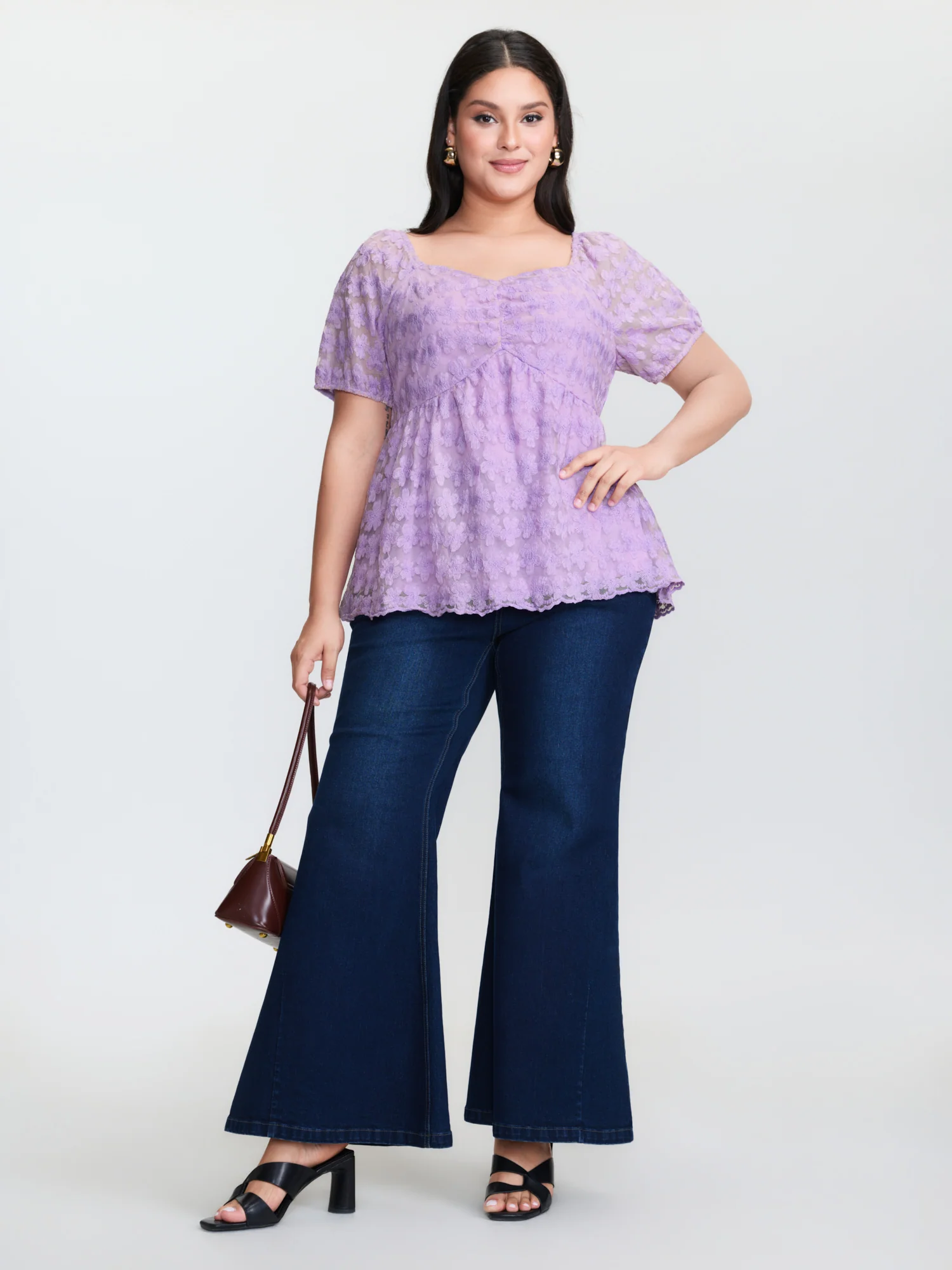 Cotton Embroidered Sweetheart Neckline Flared Blouse - Image 3