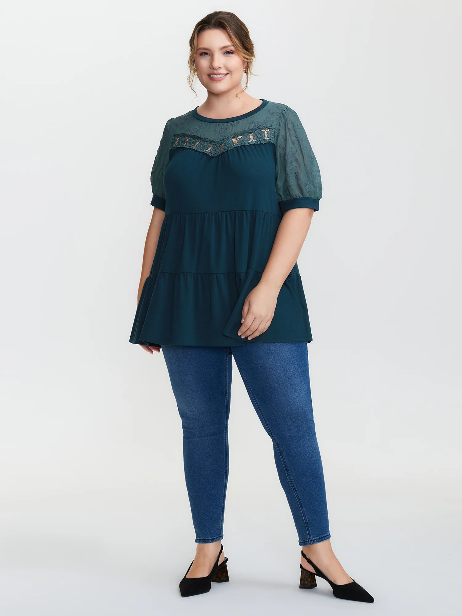Embroidered Tiered Floral Lace T-Shirt - Image 3