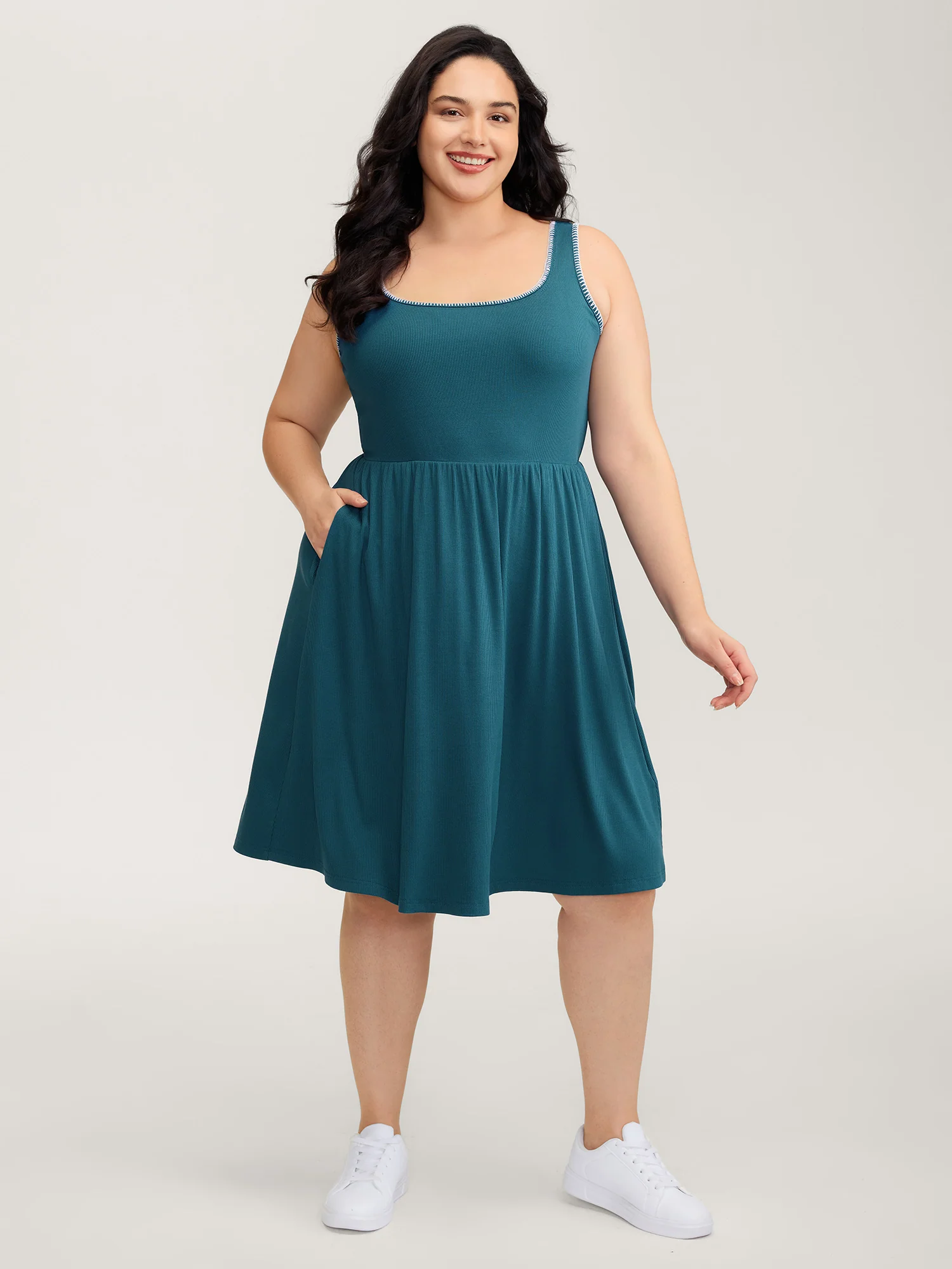 Embroidered Trim Cinched-Waist Stretchy Mini Dress - Image 3