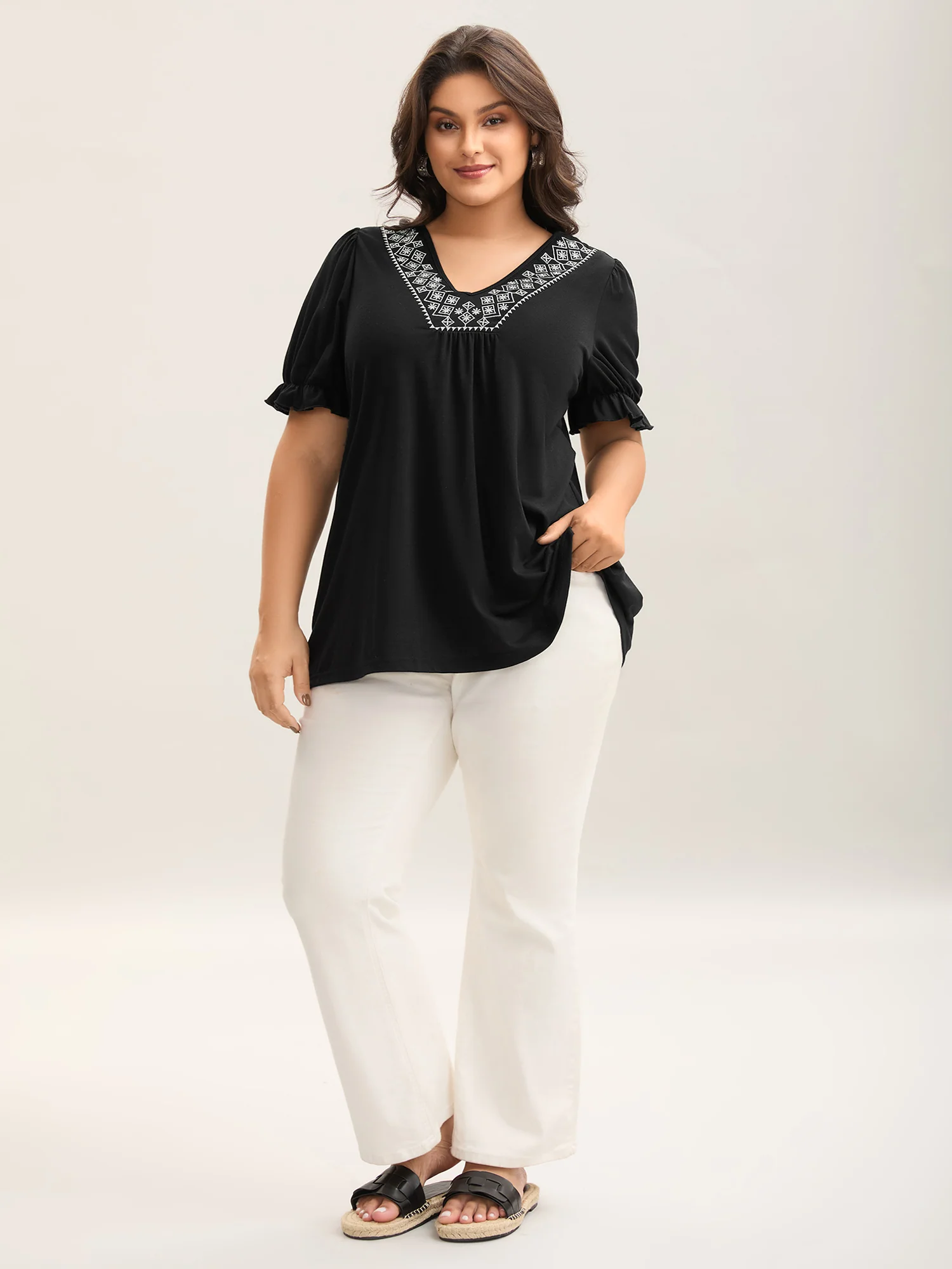 Embroidered V-Neck Puff Sleeve Plain Top - Image 3