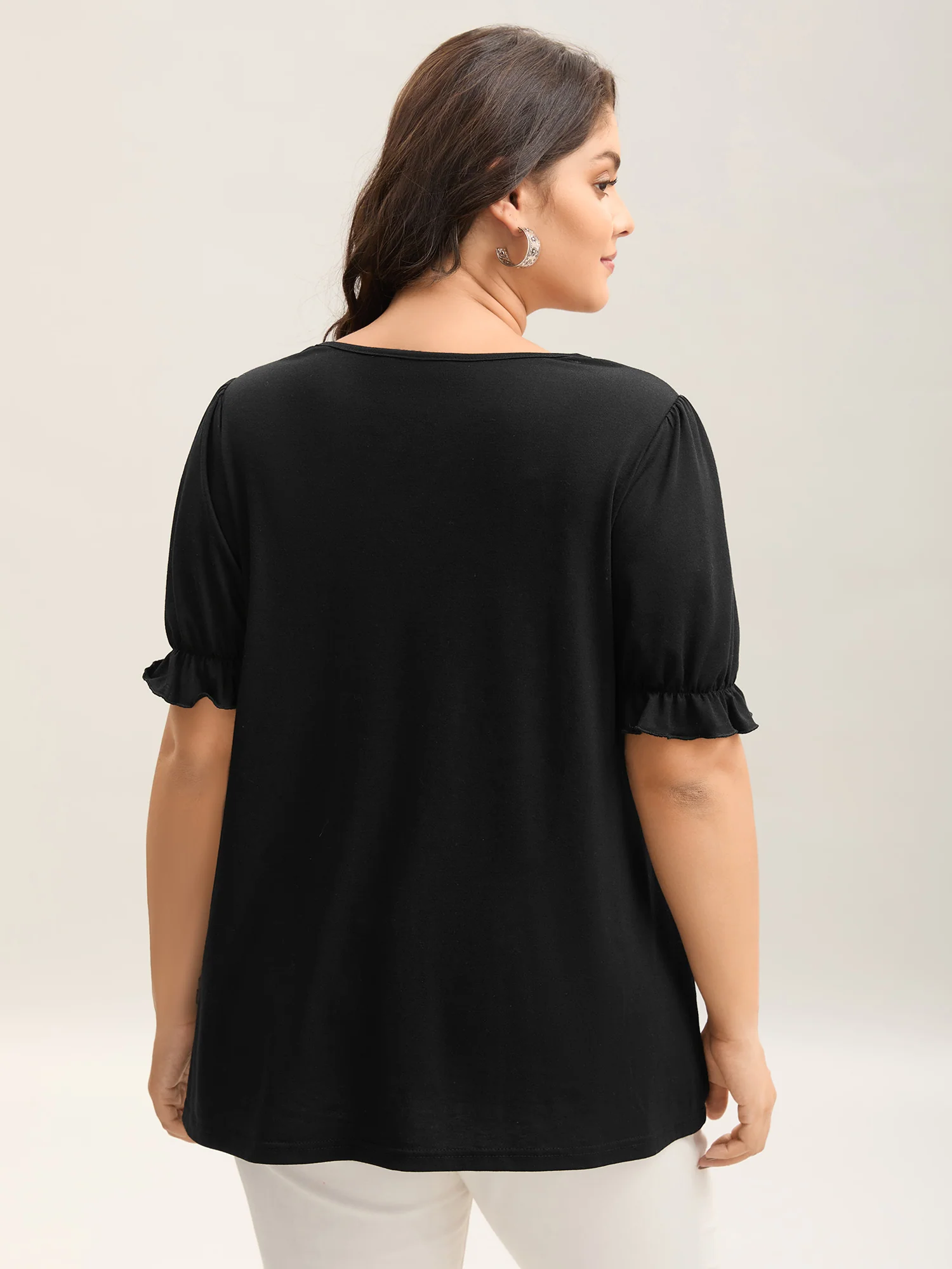 Embroidered V-Neck Puff Sleeve Plain Top - Image 4
