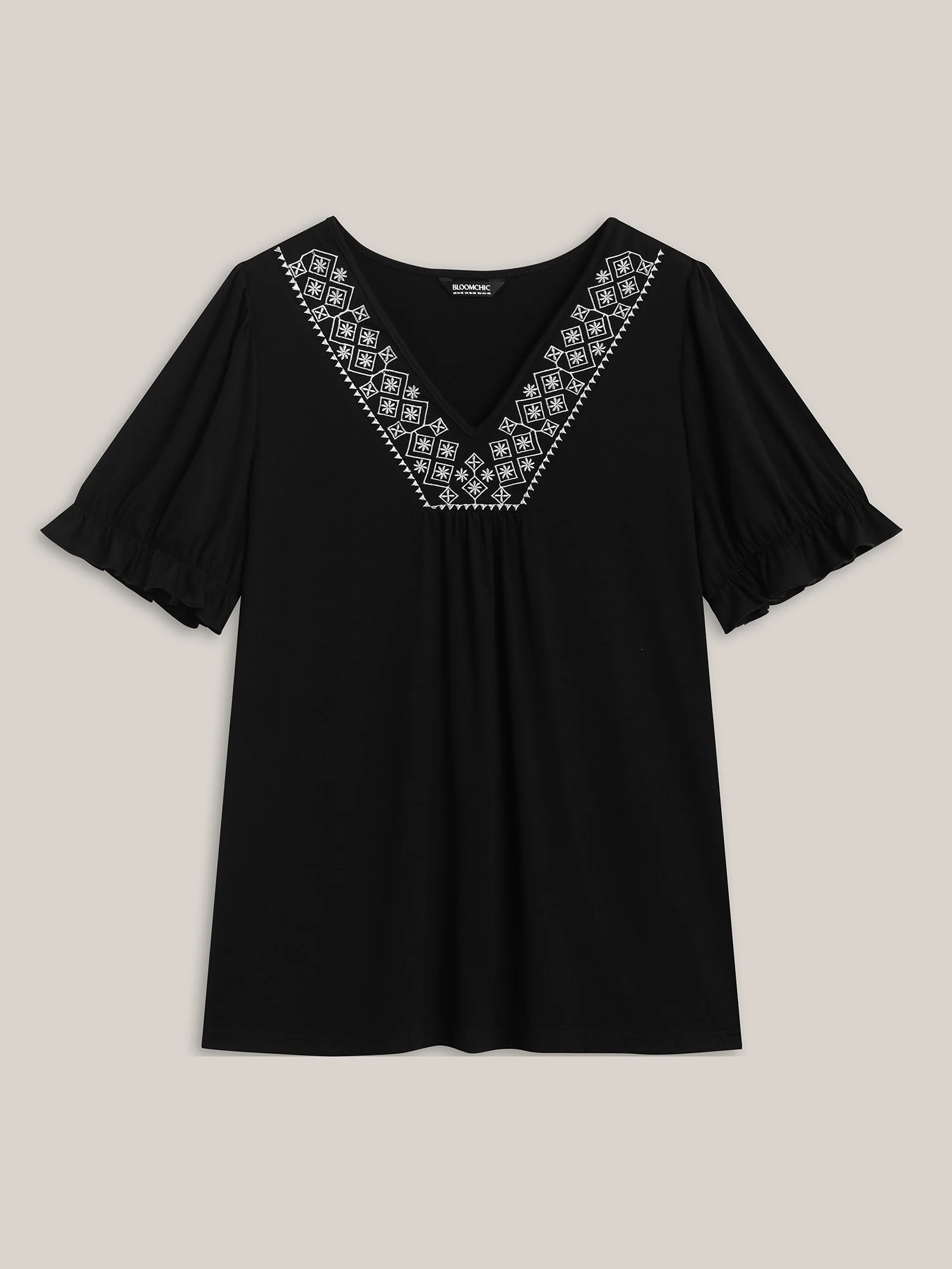 Embroidered V-Neck Puff Sleeve Plain Top - Image 7