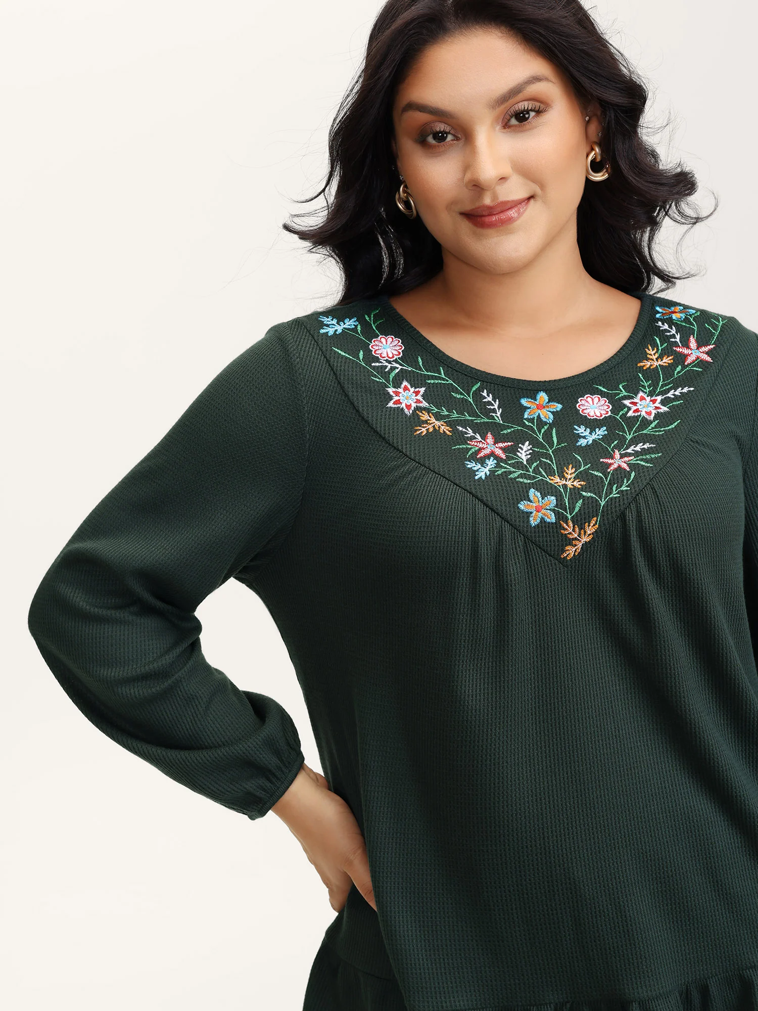 Embroidered Waffle Ruffled Hem Knit Top - Image 2