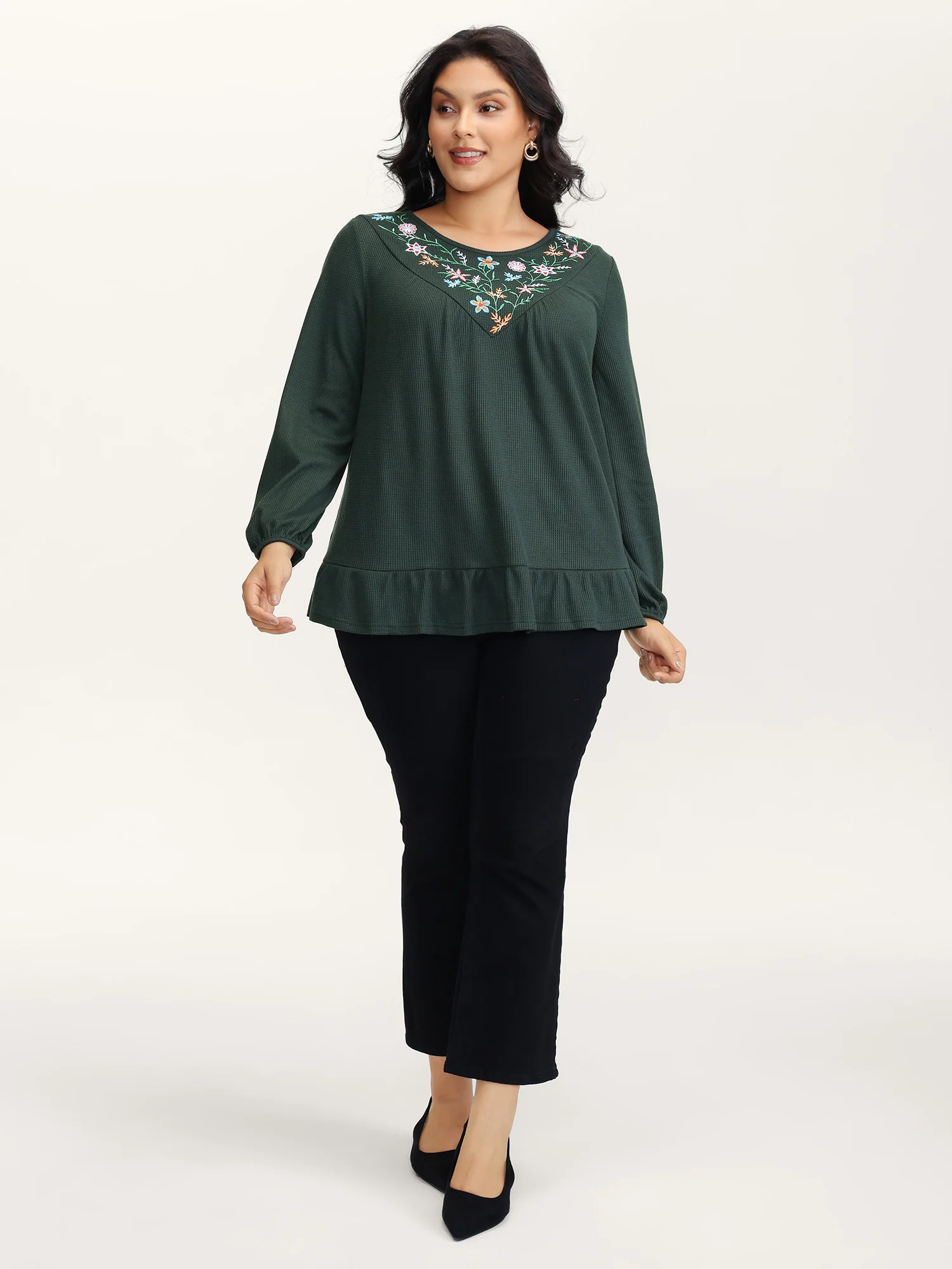 Embroidered Waffle Ruffled Hem Knit Top - Image 3