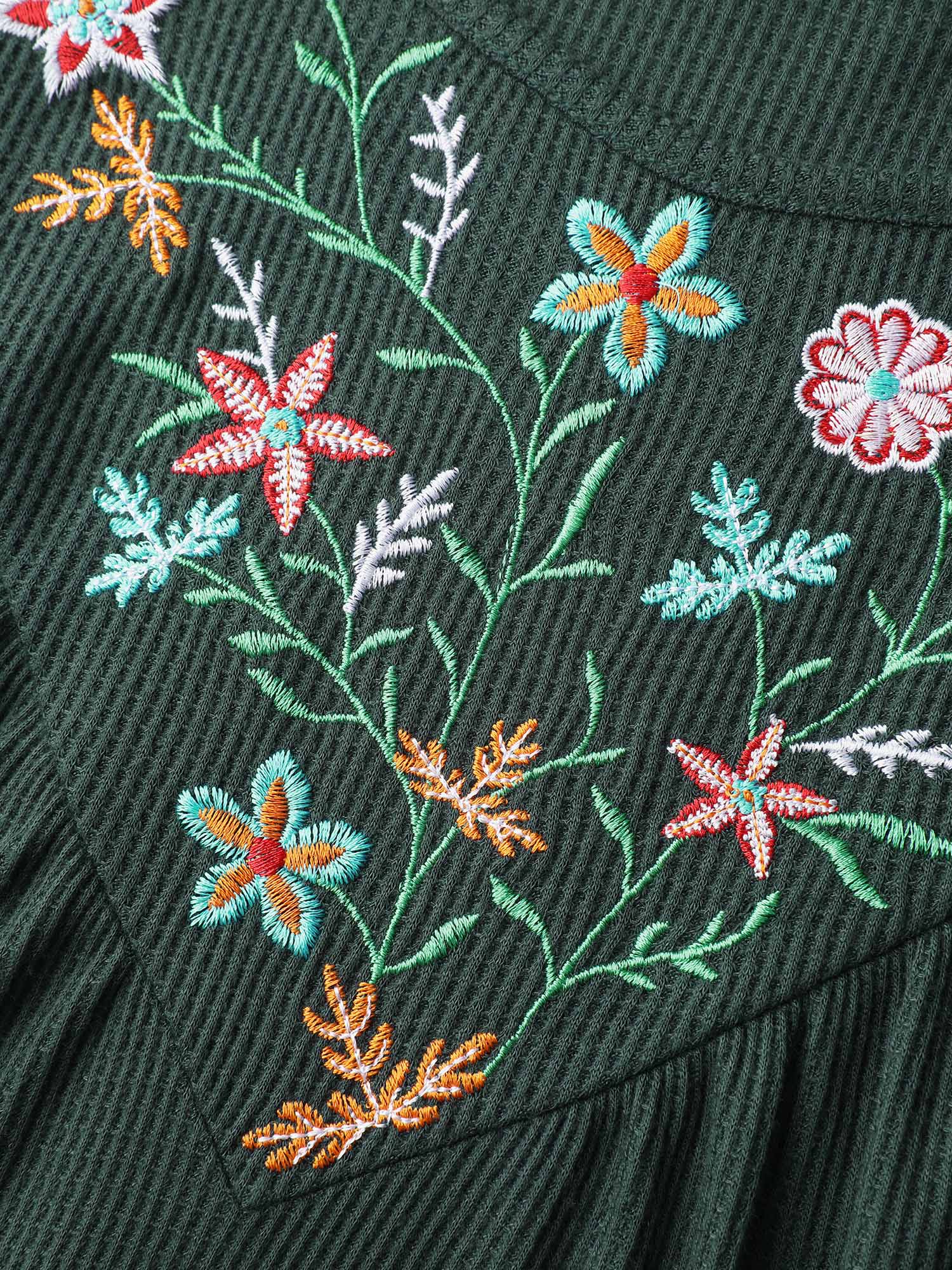 Embroidered Waffle Ruffled Hem Knit Top - Image 5