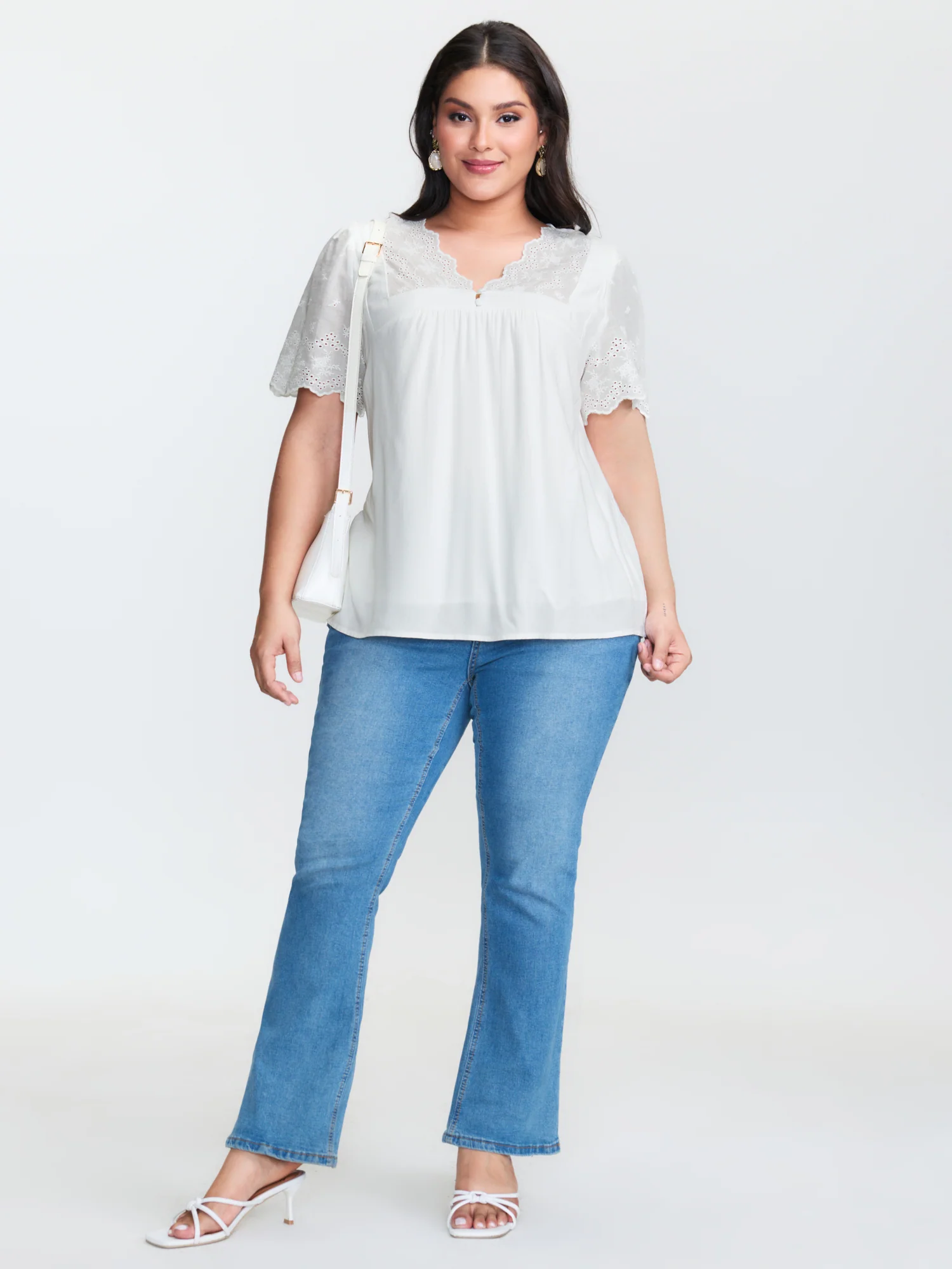 Embroidery Scalloped Sleeve Plain Blouse - Image 3