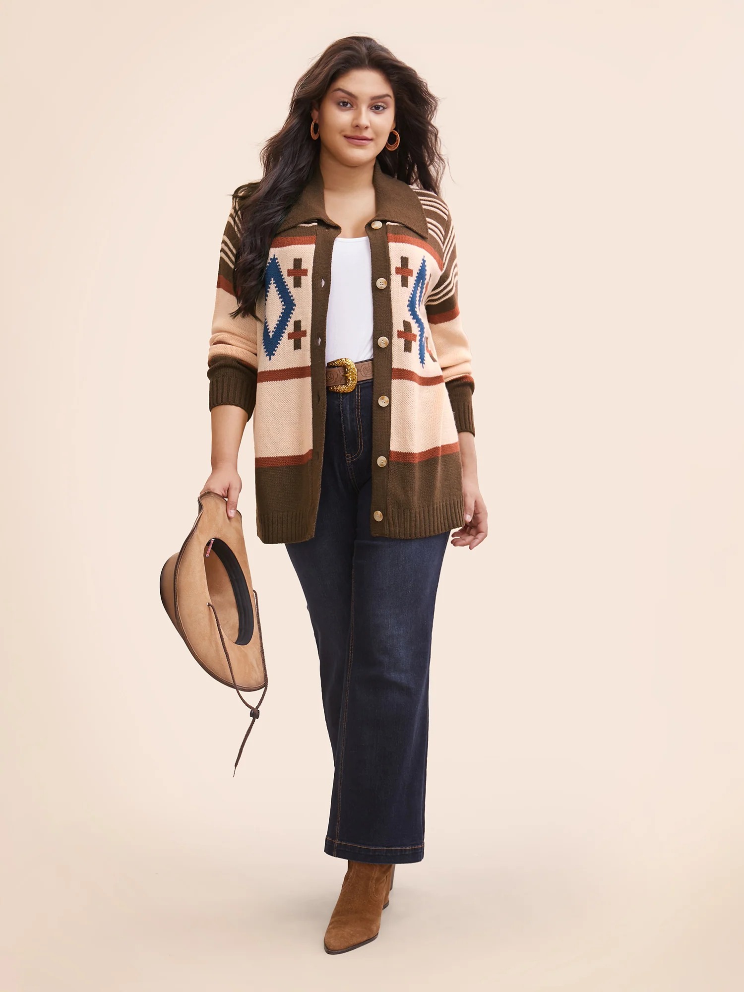 Geometric Pattern Collared Front Button Cardigan - Image 2
