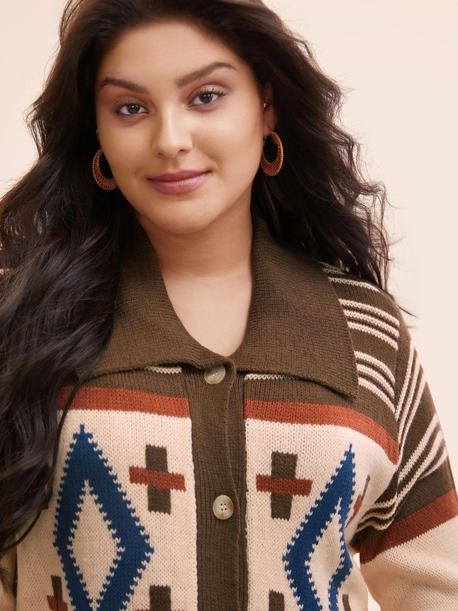 Geometric Pattern Collared Front Button Cardigan - Image 3