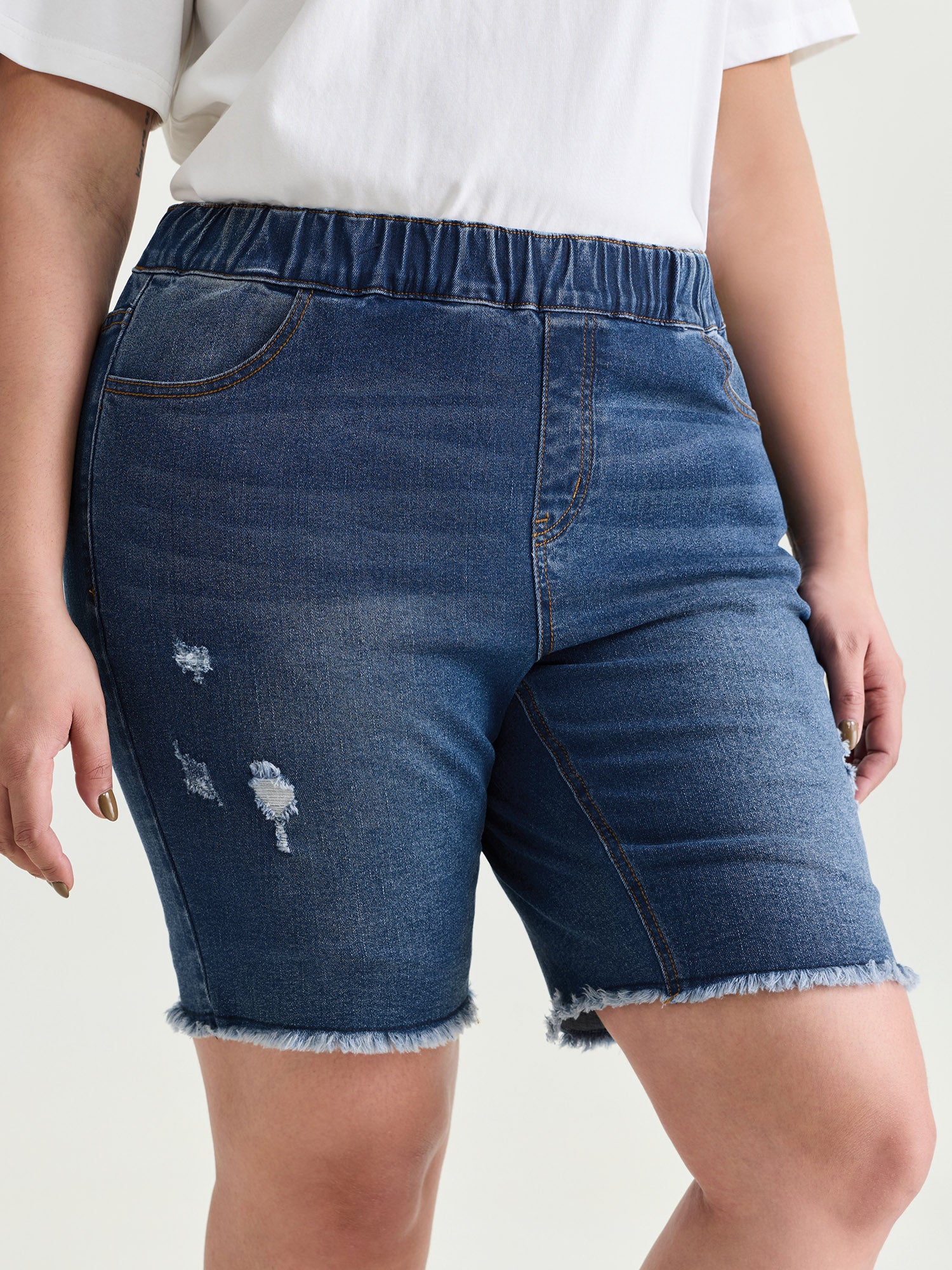 Everyday Elastic Waist Ripped Denim Shorts - Image 2