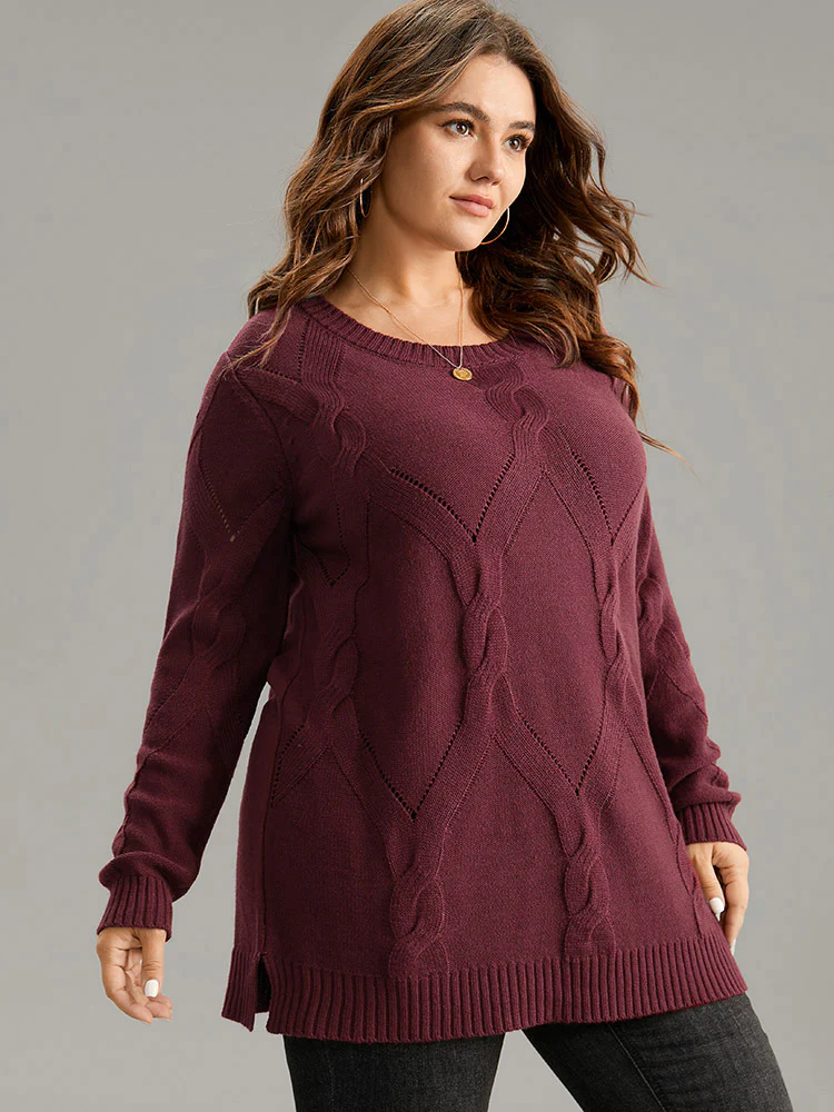 Eyelet Cable Knit Elastic Hem Pullover
