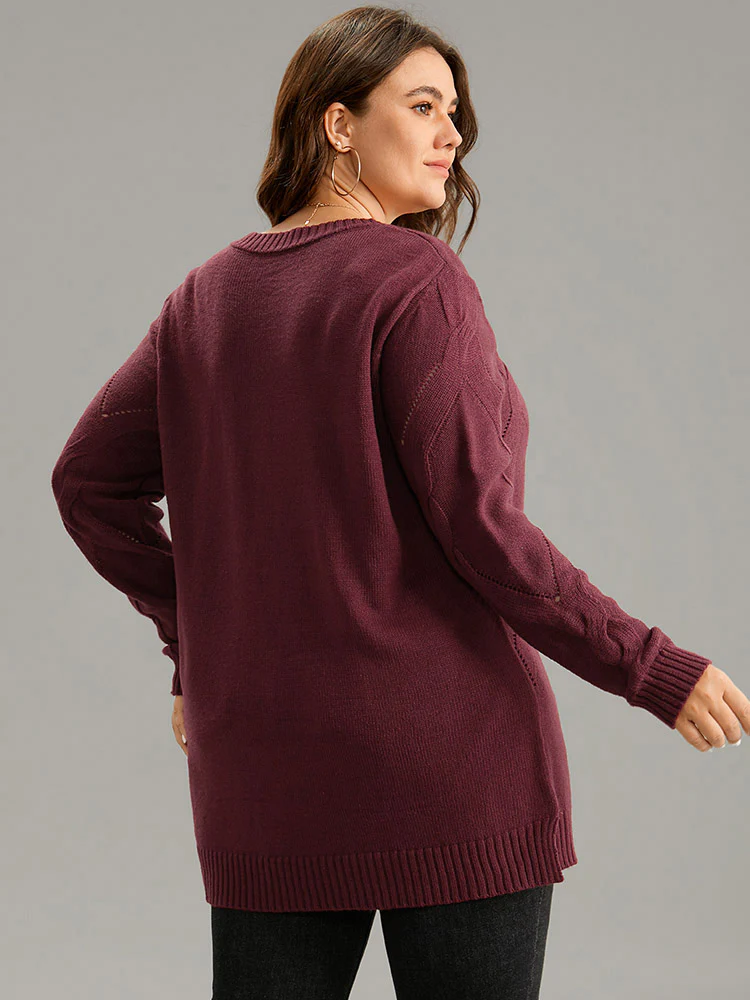 Eyelet Cable Knit Elastic Hem Pullover - Image 2