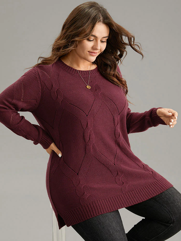 Eyelet Cable Knit Elastic Hem Pullover - Image 3