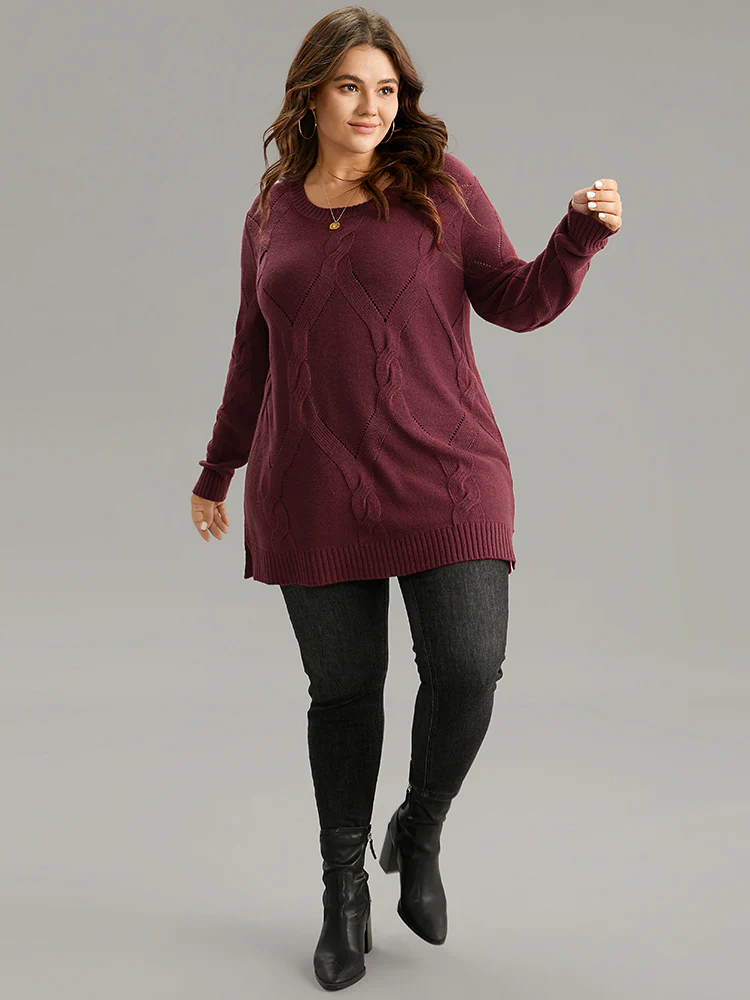 Eyelet Cable Knit Elastic Hem Pullover - Image 4