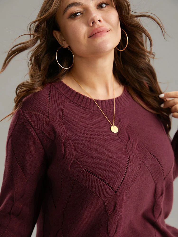 Eyelet Cable Knit Elastic Hem Pullover - Image 5