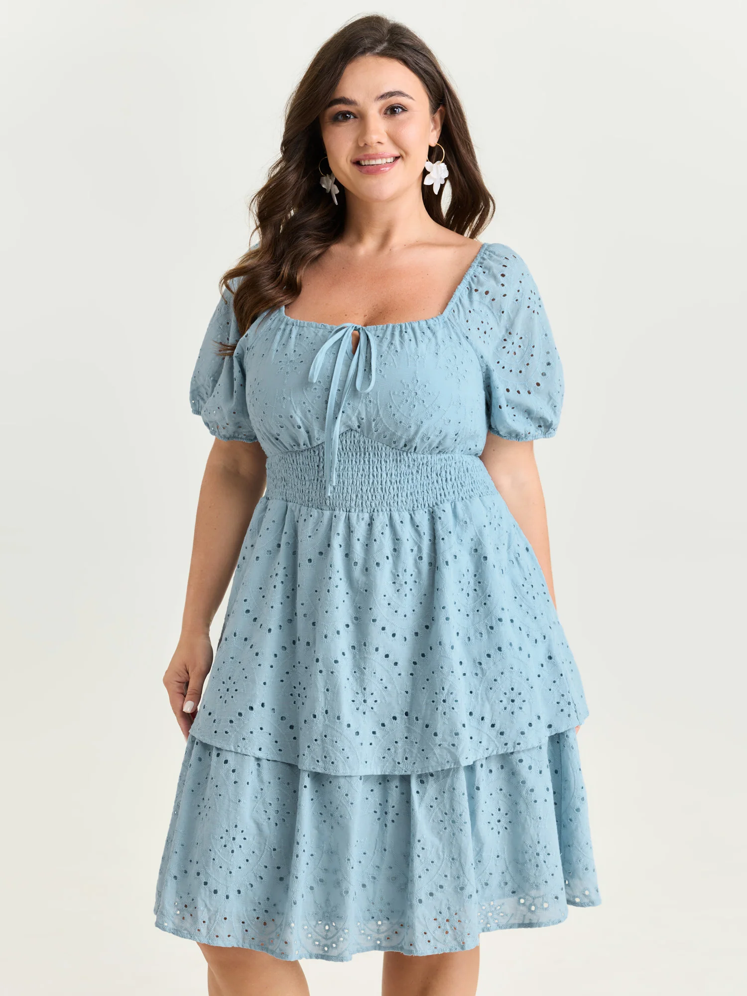 Eyelet Embroidered Cinched Waist Mini Dress