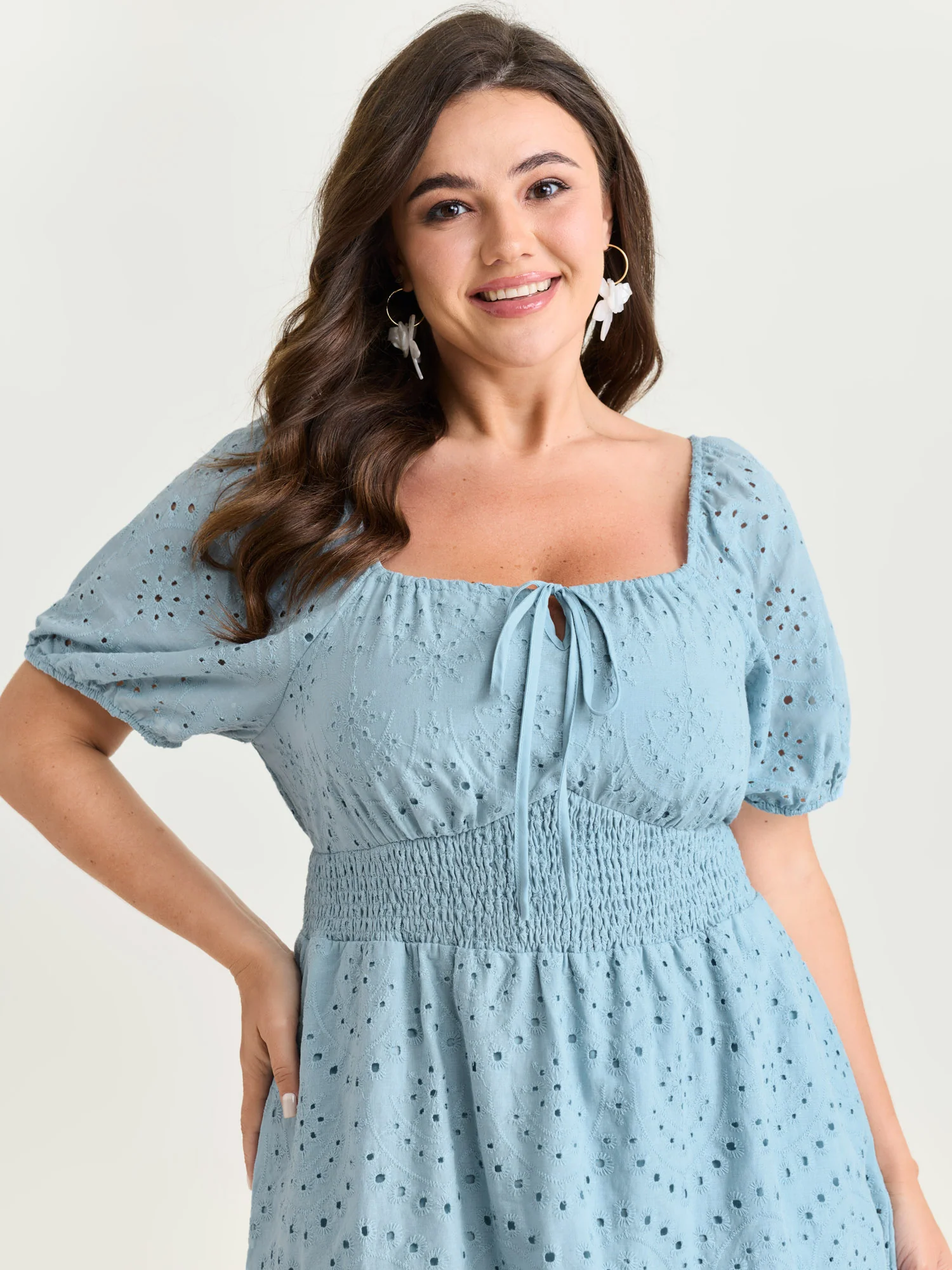 Eyelet Embroidered Cinched Waist Mini Dress - Image 2