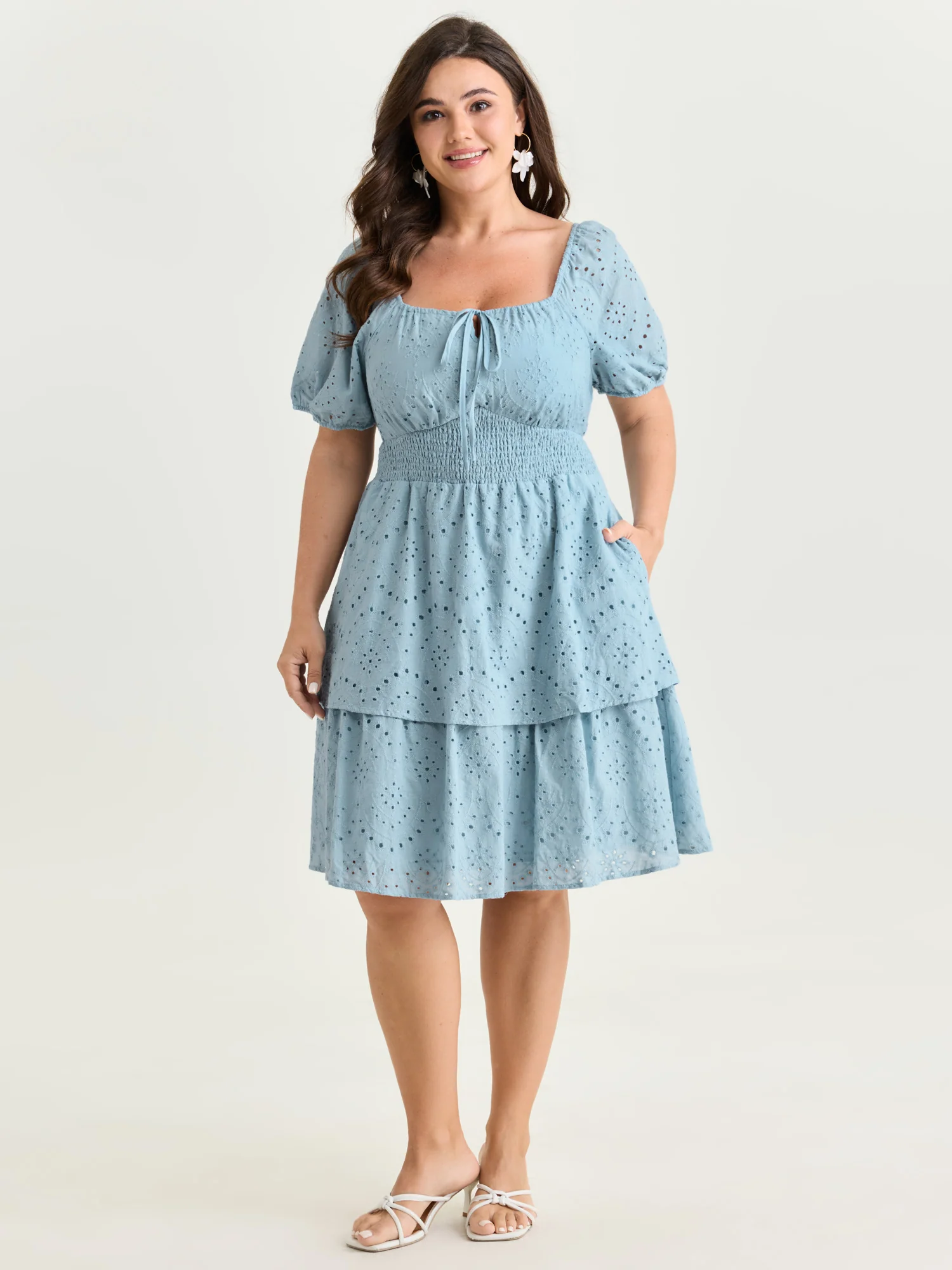 Eyelet Embroidered Cinched Waist Mini Dress - Image 3