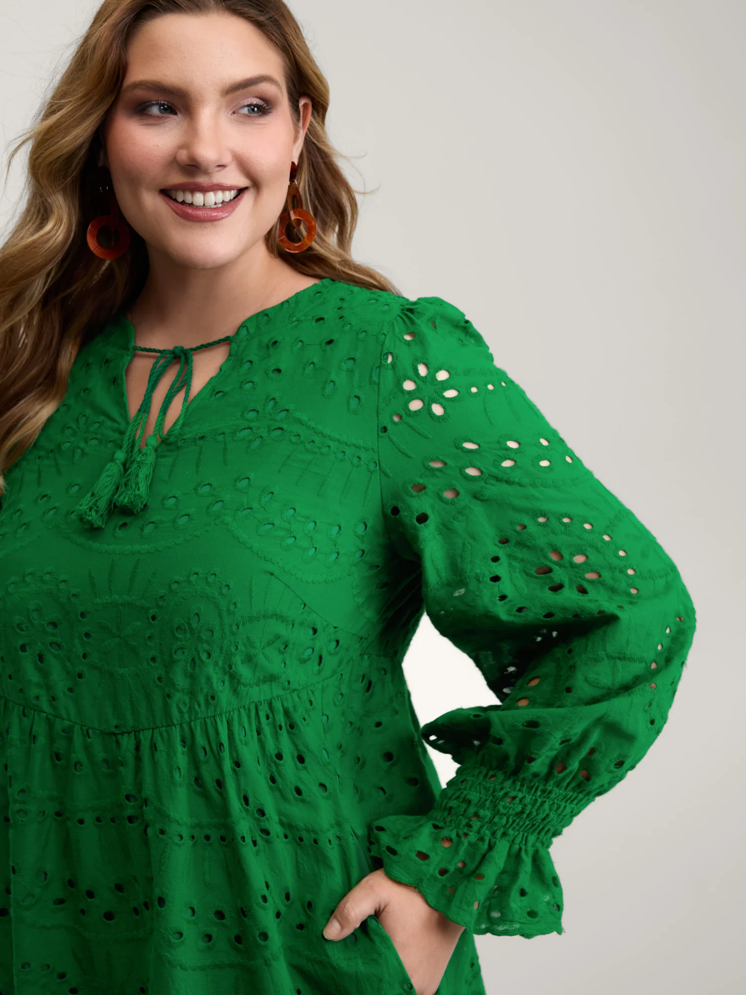 Eyelet Embroidery Shirred Cuffs Mini Dress - Image 2