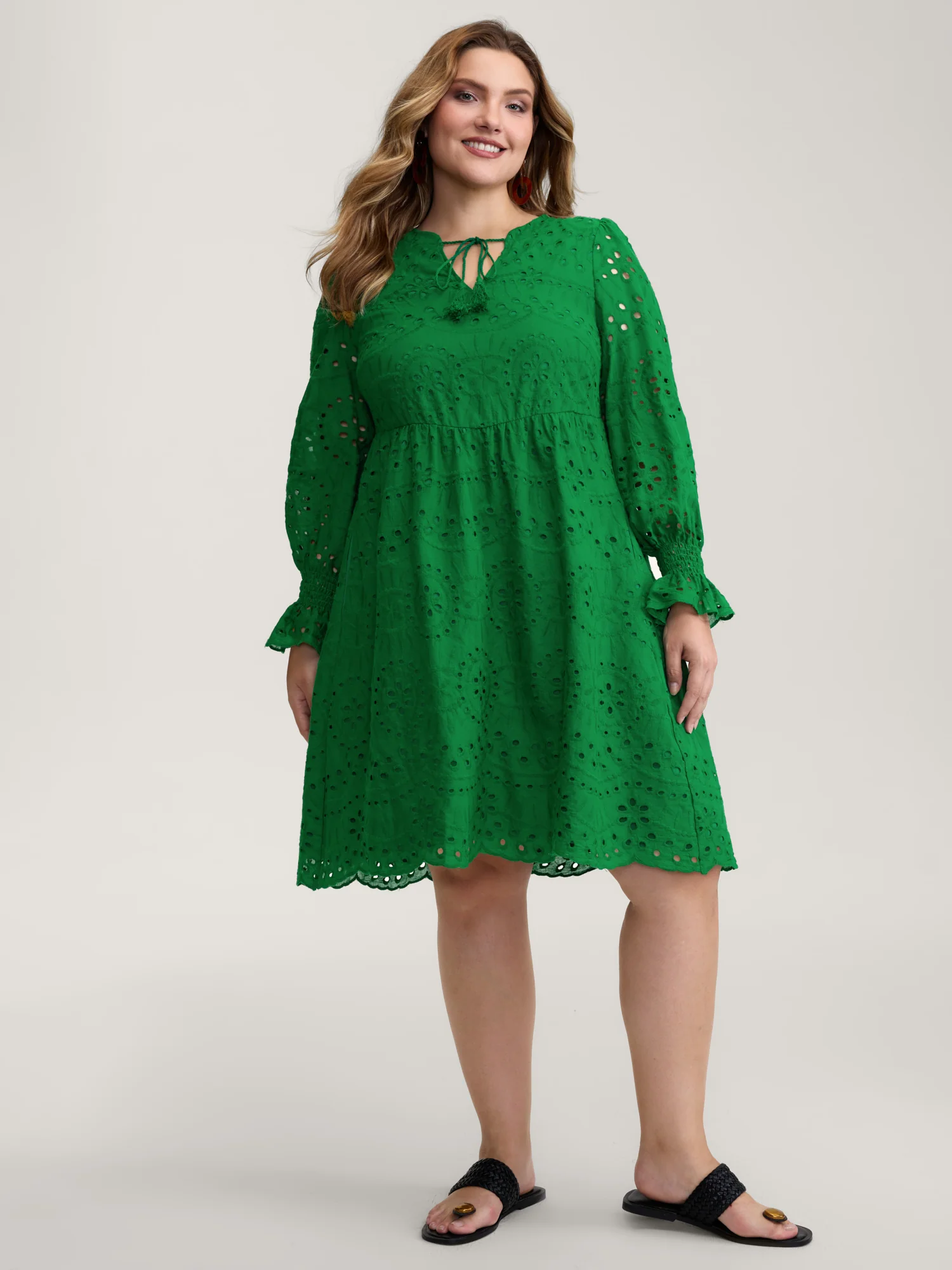 Eyelet Embroidery Shirred Cuffs Mini Dress - Image 3