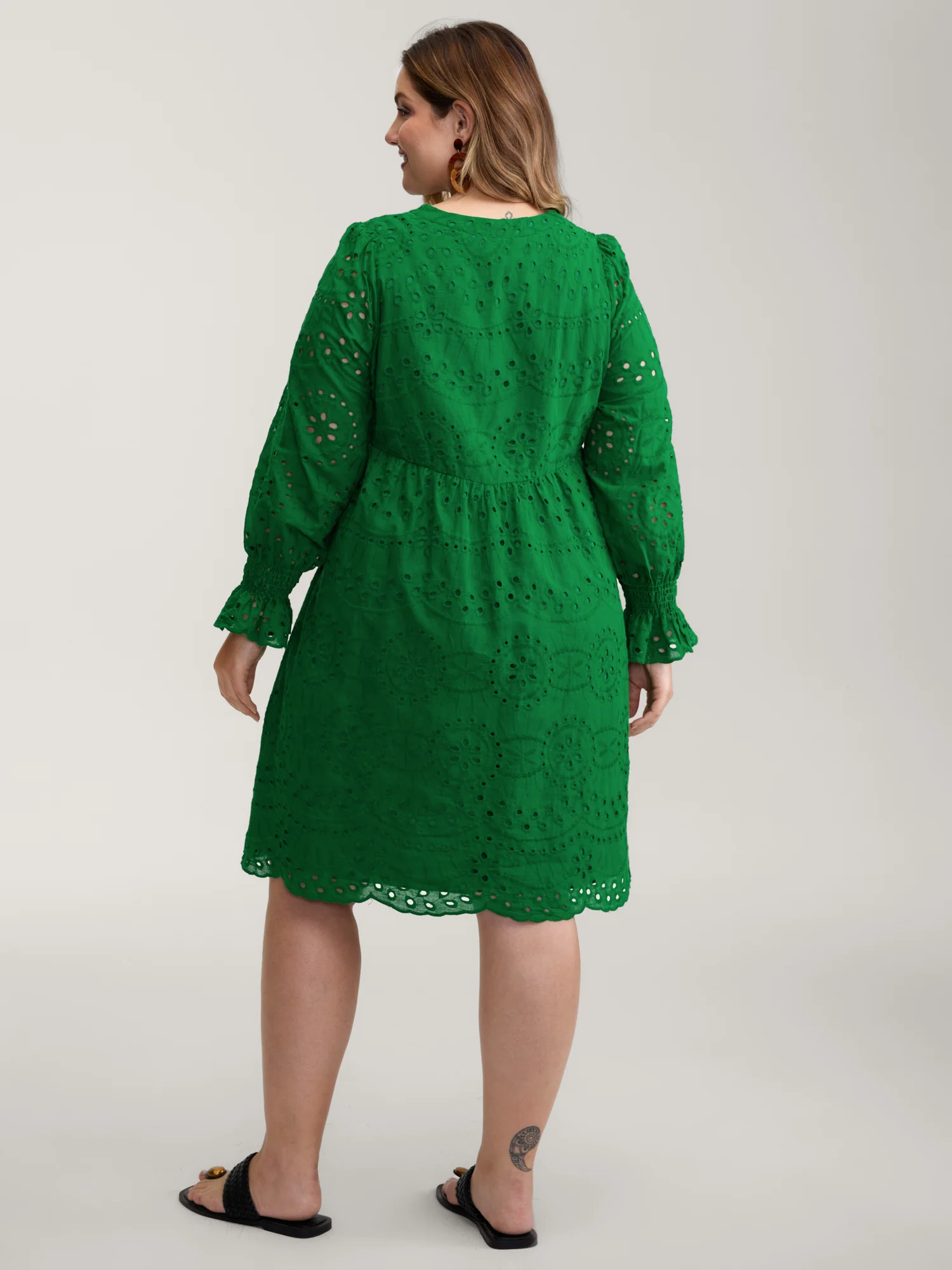 Eyelet Embroidery Shirred Cuffs Mini Dress - Image 4