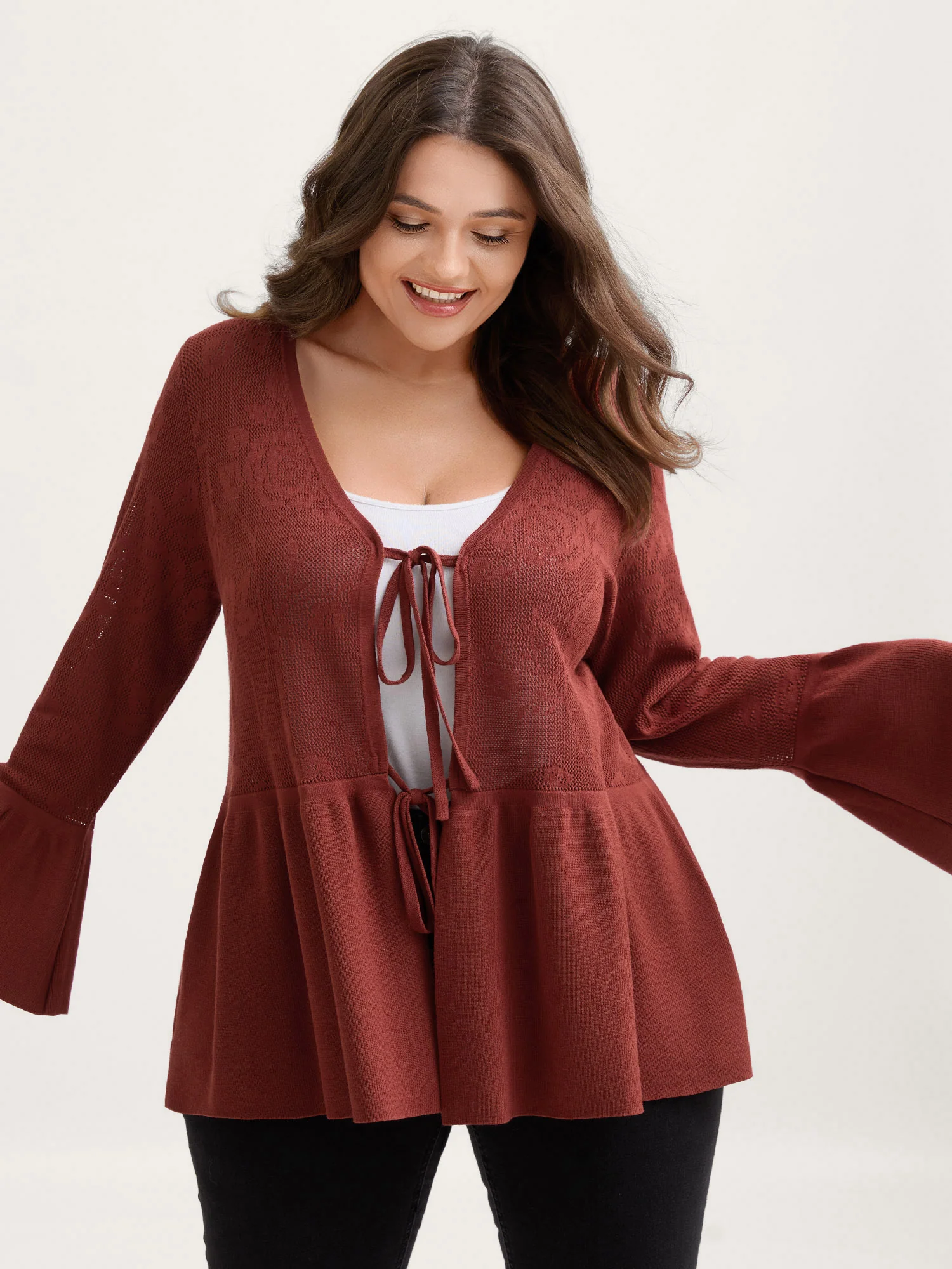 Eyelet Jacquard Ruffled Hem Knit Cardigan - Image 3