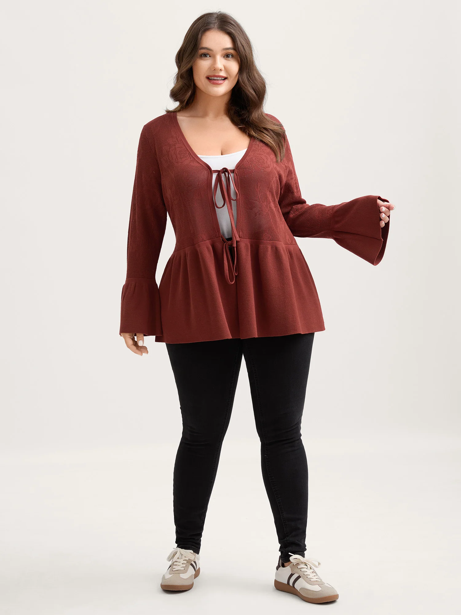Eyelet Jacquard Ruffled Hem Knit Cardigan - Image 4
