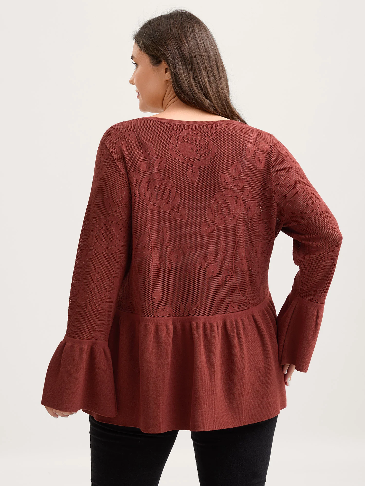 Eyelet Jacquard Ruffled Hem Knit Cardigan - Image 5
