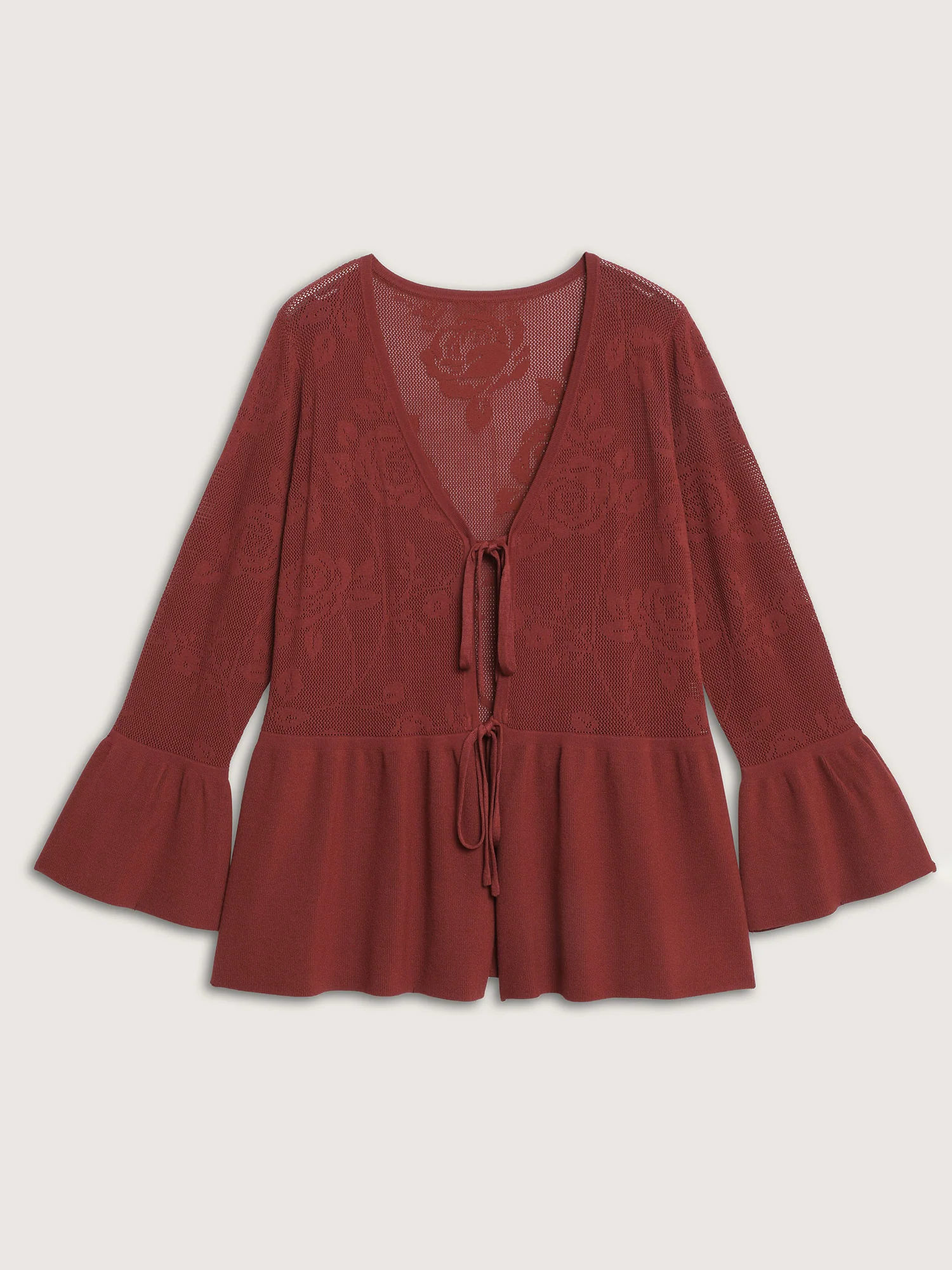 Eyelet Jacquard Ruffled Hem Knit Cardigan - Image 6